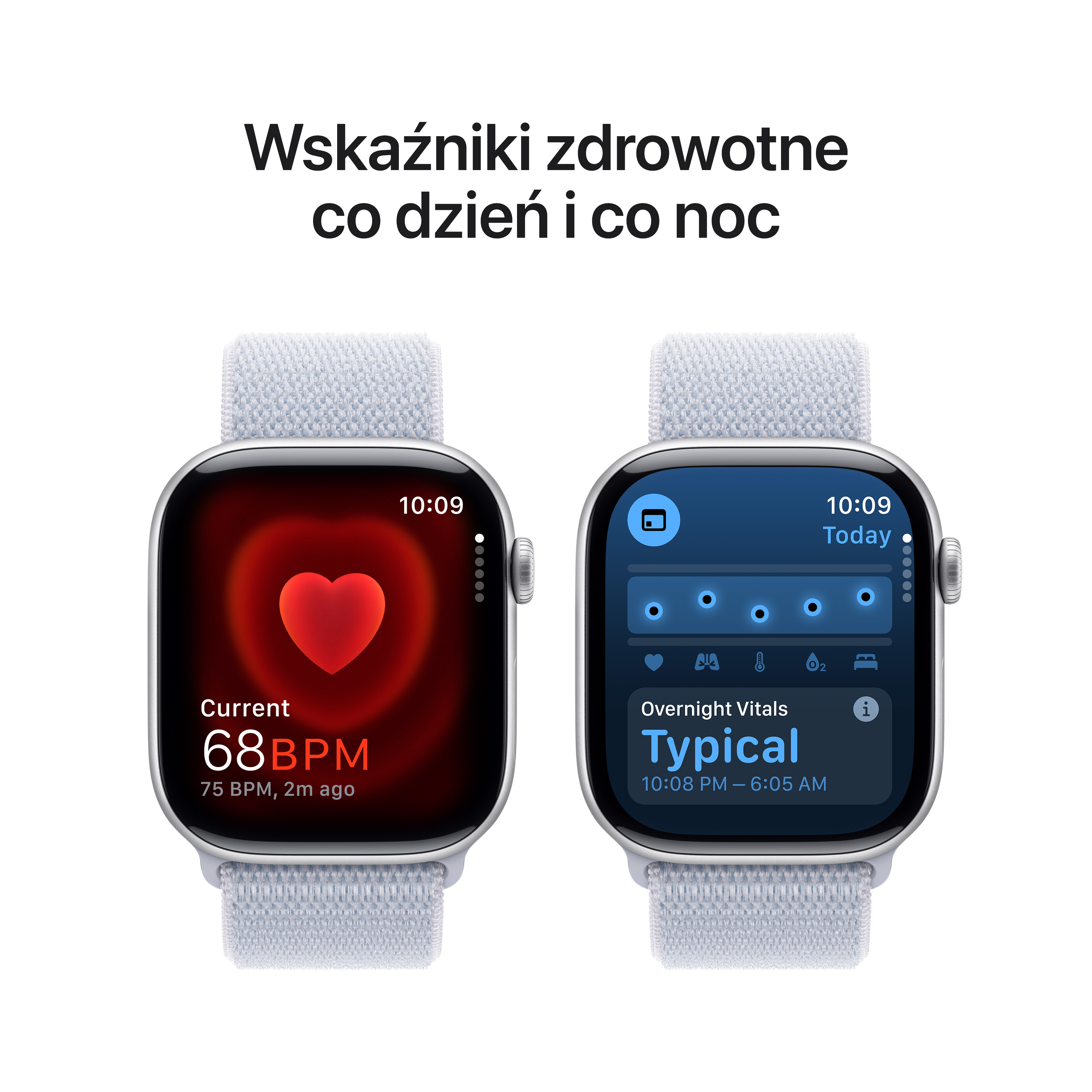 Dwa smartwatche wyświetlające tętno i parametry życiowe w nocy, z białymi paskami.
