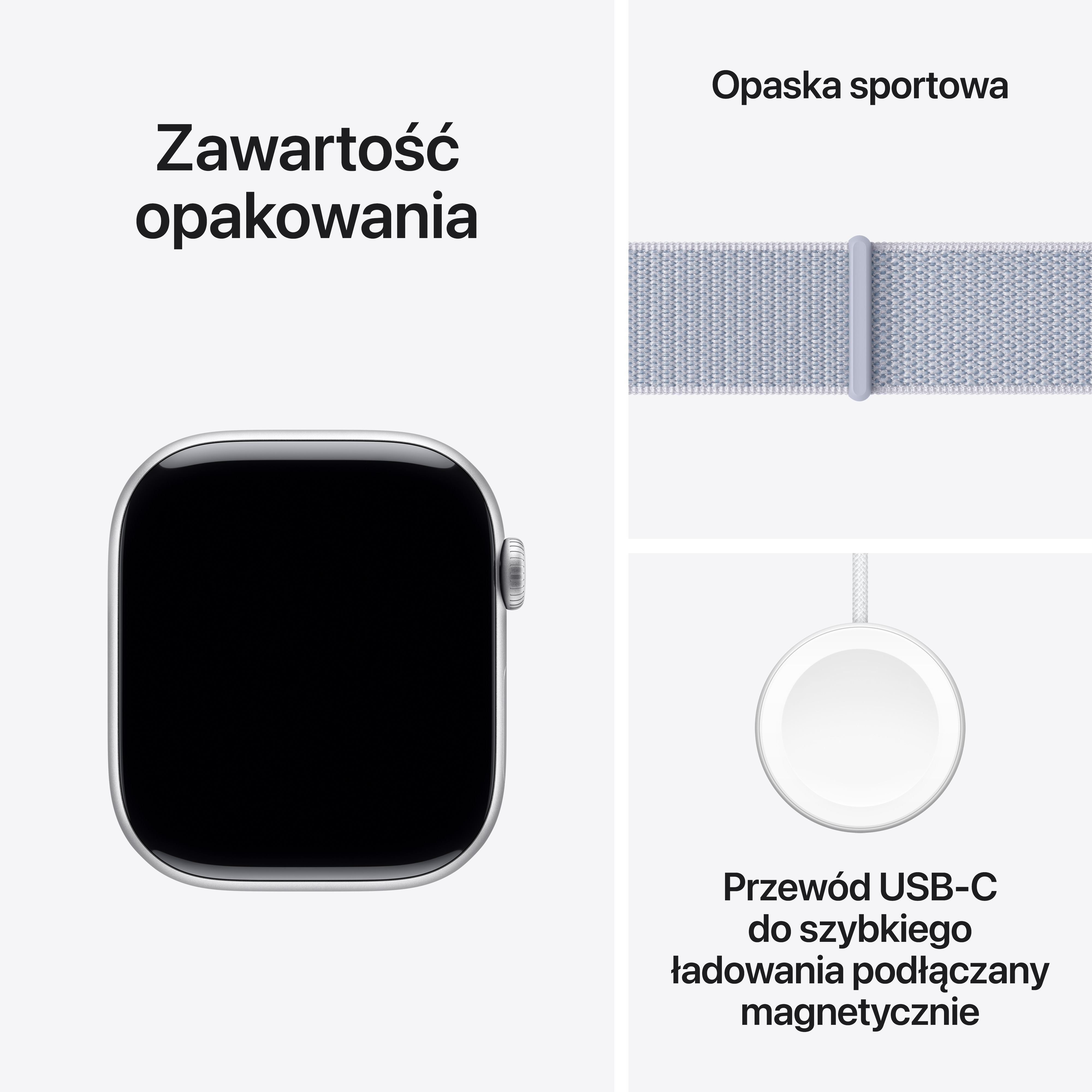Apple Watch, pasek sportowy i ładowarka na białym tle, z tekstem w języku polskim.