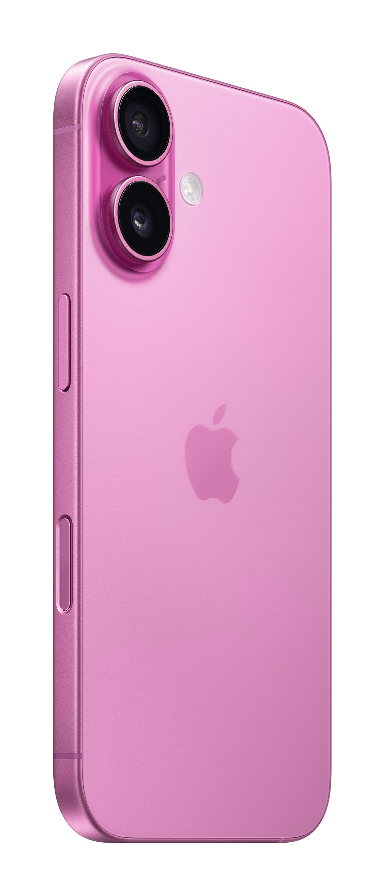 Różowy iPhone z dwoma aparatami i logo Apple na plecach, widok z boku.