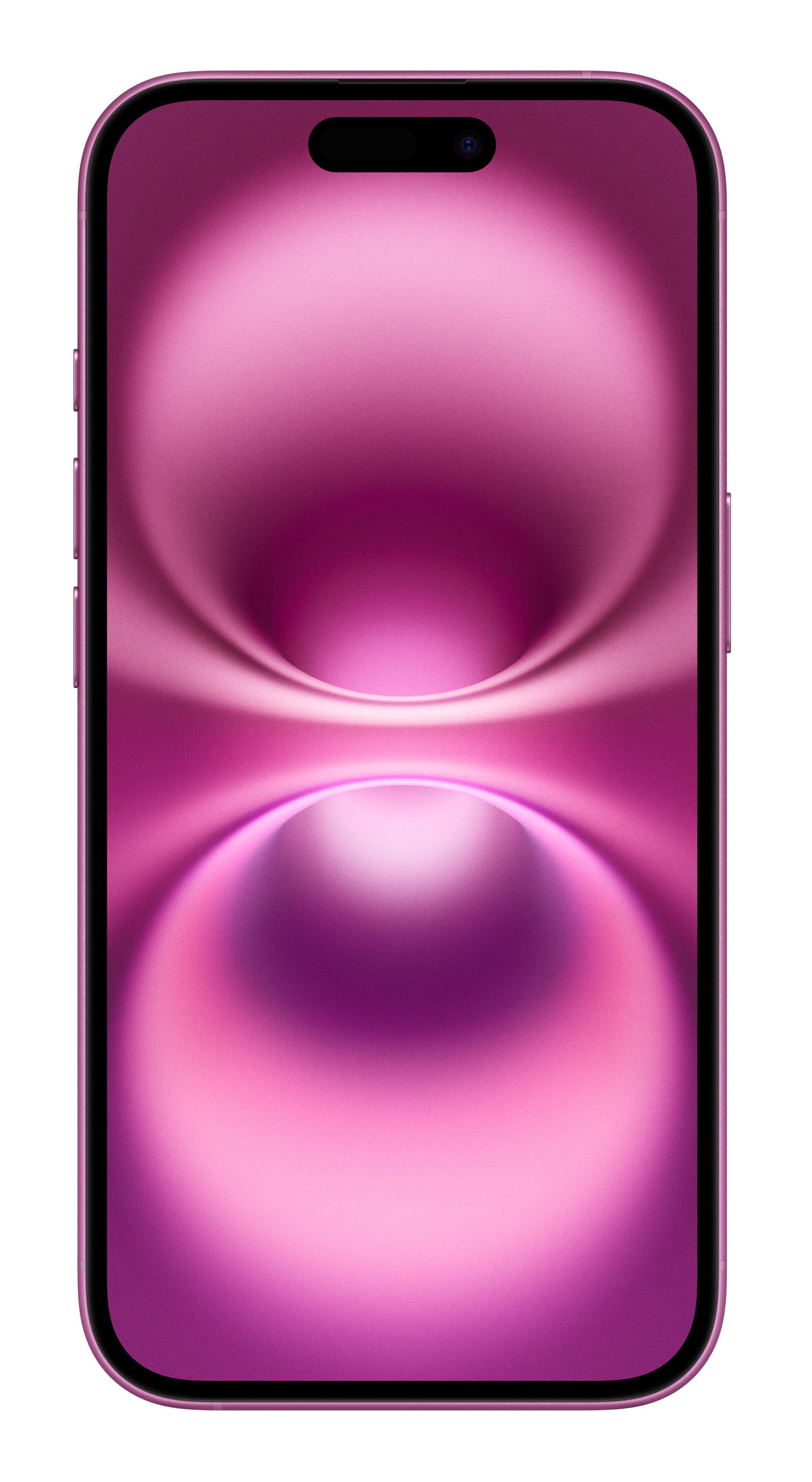 Różowy iPhone z zakrzywioną fioletowo-różową gradientową tapetą.