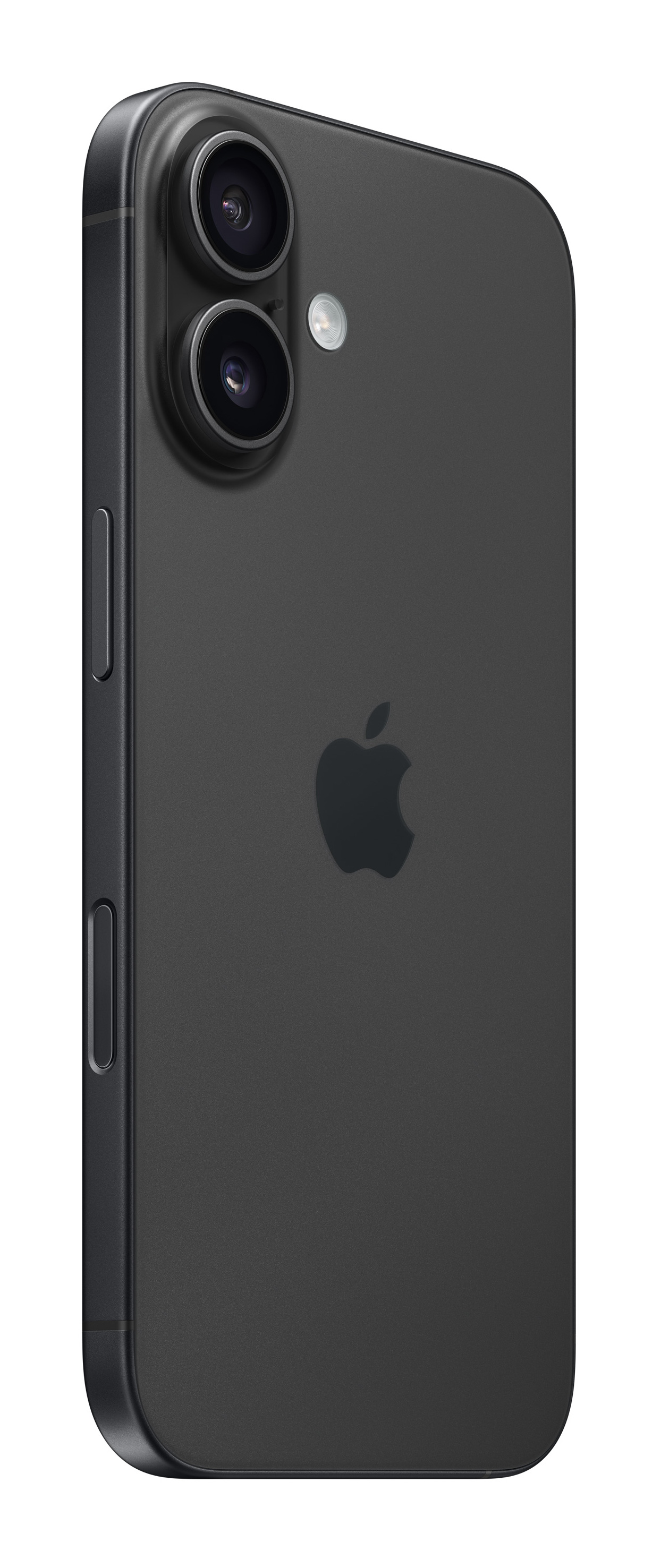 Czarny telefon z dwoma obiektywami, lampą błyskową i logo Apple, widok z boku.