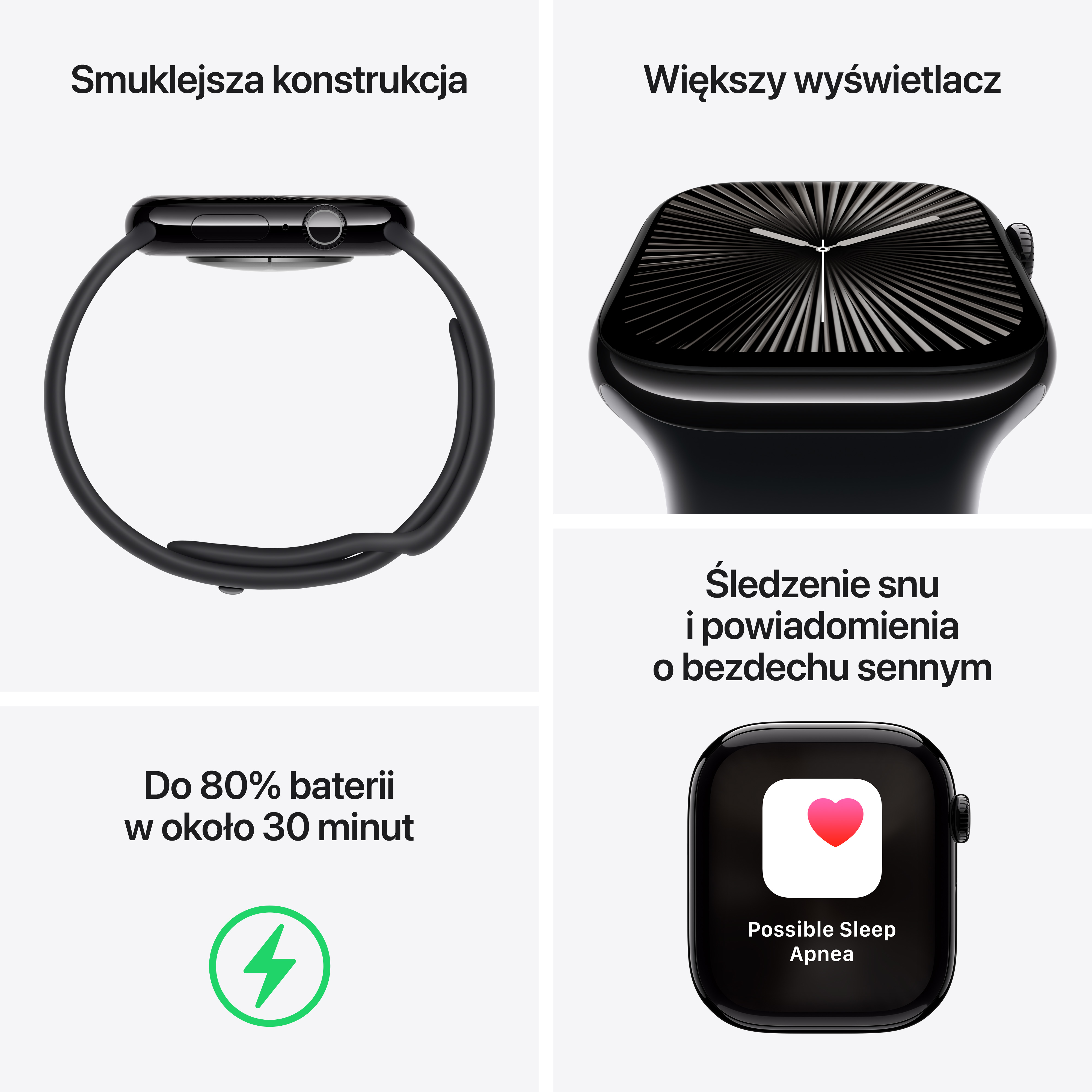 Kolaż funkcji Apple Watch: smukła konstrukcja, większy wyświetlacz, śledzenie snu i szybkie ładowanie.