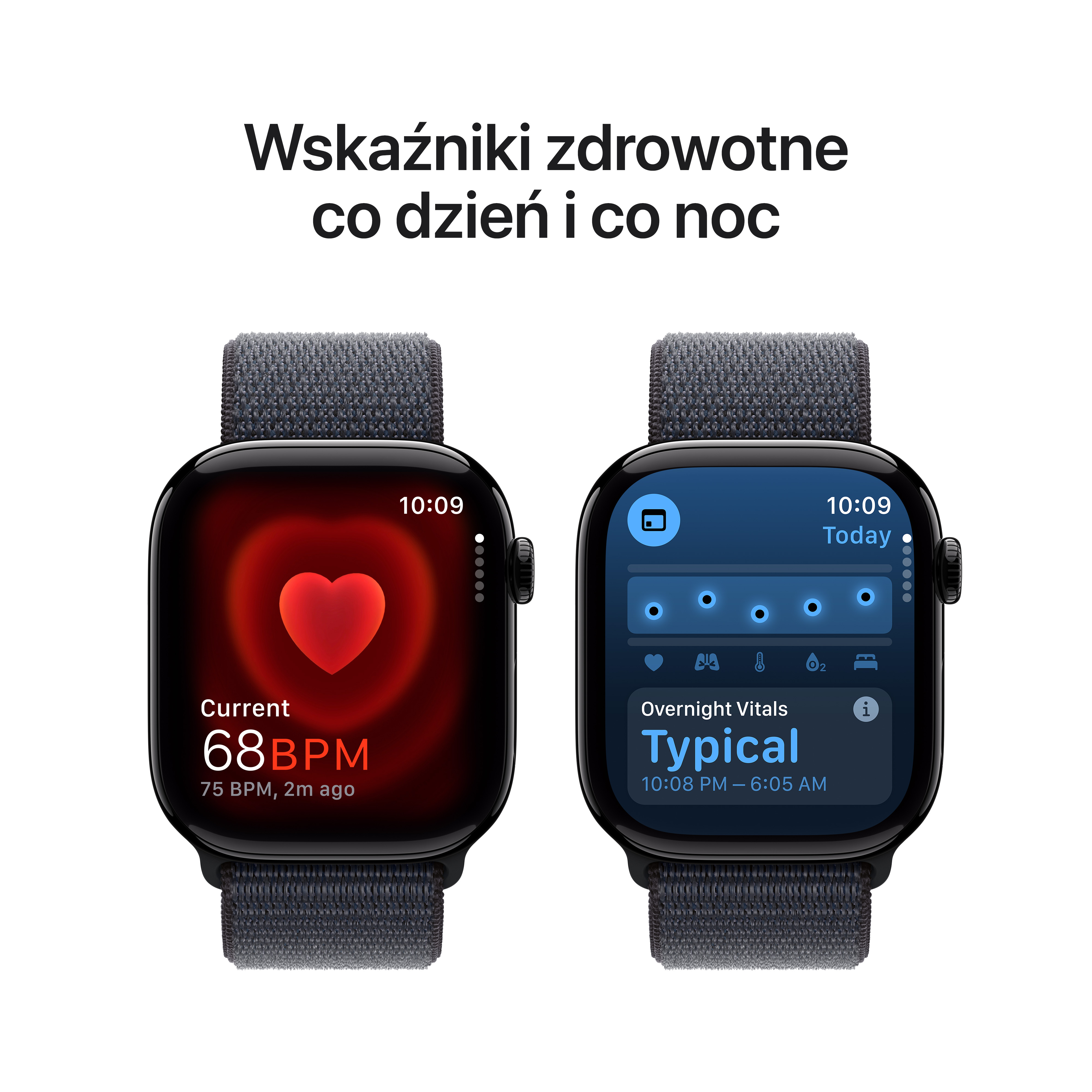 Wyświetlacze Apple Watch. Monitor tętna i wskaźniki nocne na dwóch ekranach. Czarny zegarek.