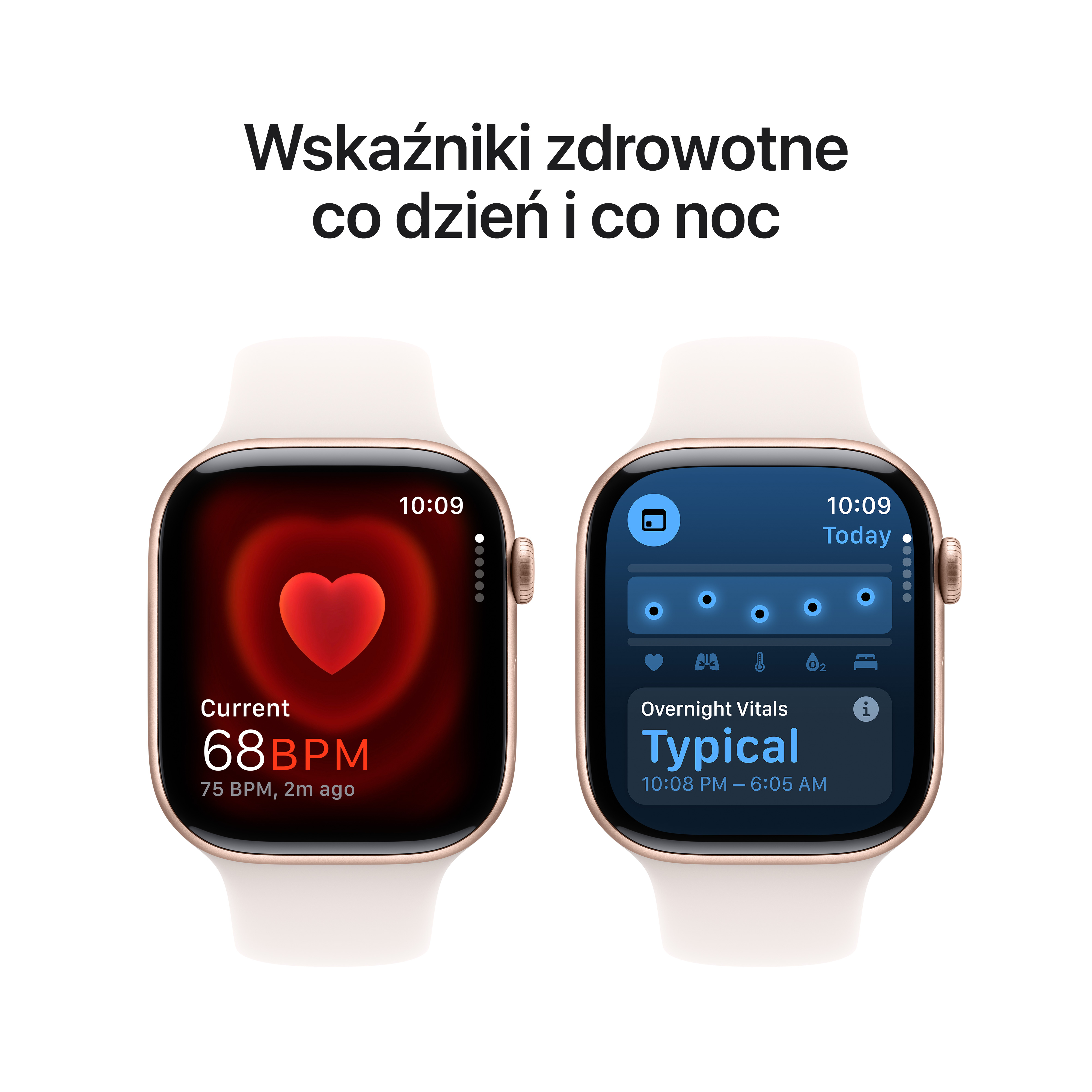 Dwa Apple Watch pokazujące dane zdrowotne. Jeden pokazuje tętno 68 BPM. Drugi pokazuje dane dotyczące snu.