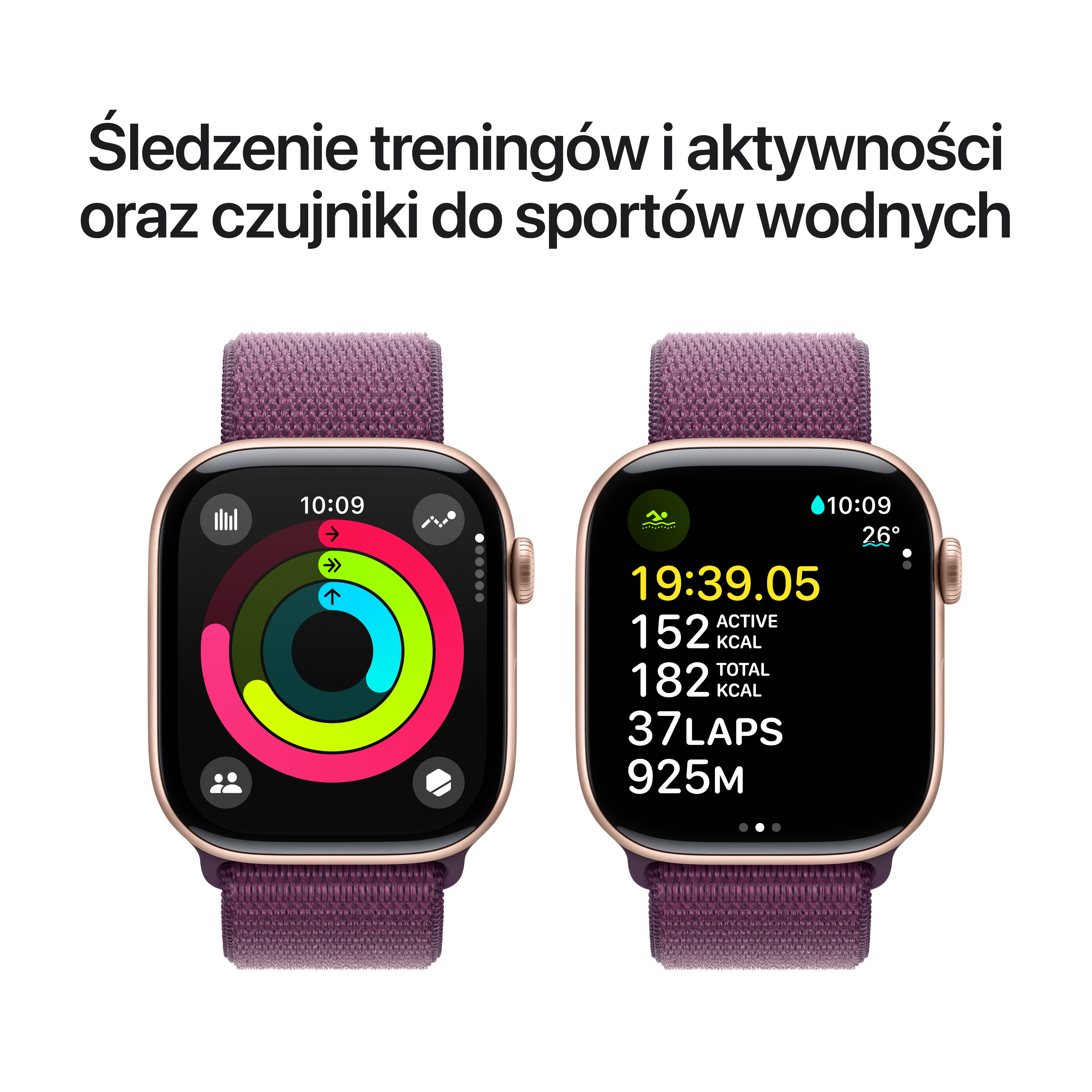 Dwa smartwatche na fioletowych paskach pokazują dane fitness: czas, tętno, pierścienie aktywności i kalorie.