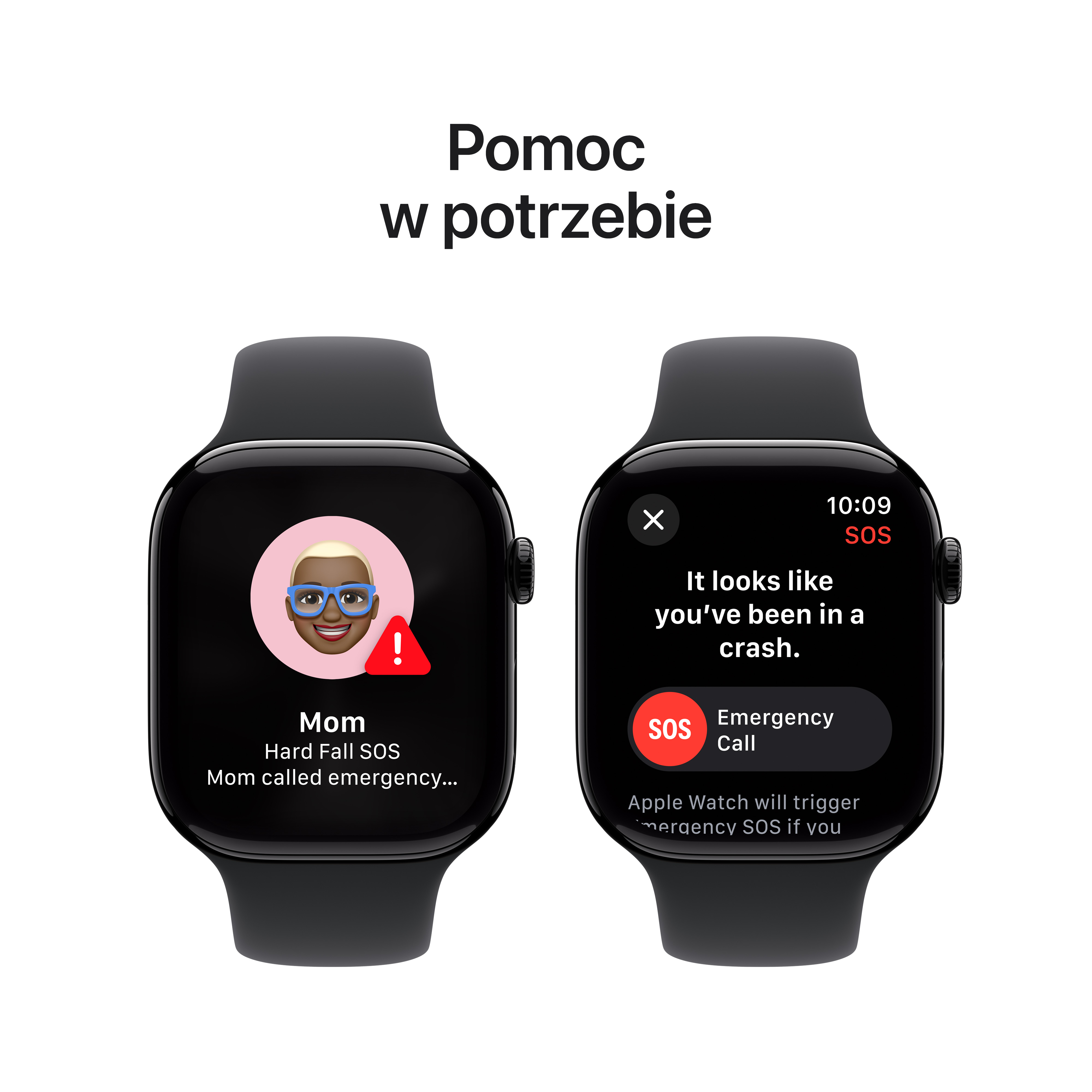Apple Watch wyświetla SOS w nagłych wypadkach. Dwa ekrany pokazują opcje połączeń alarmowych. Czarny zegarek.