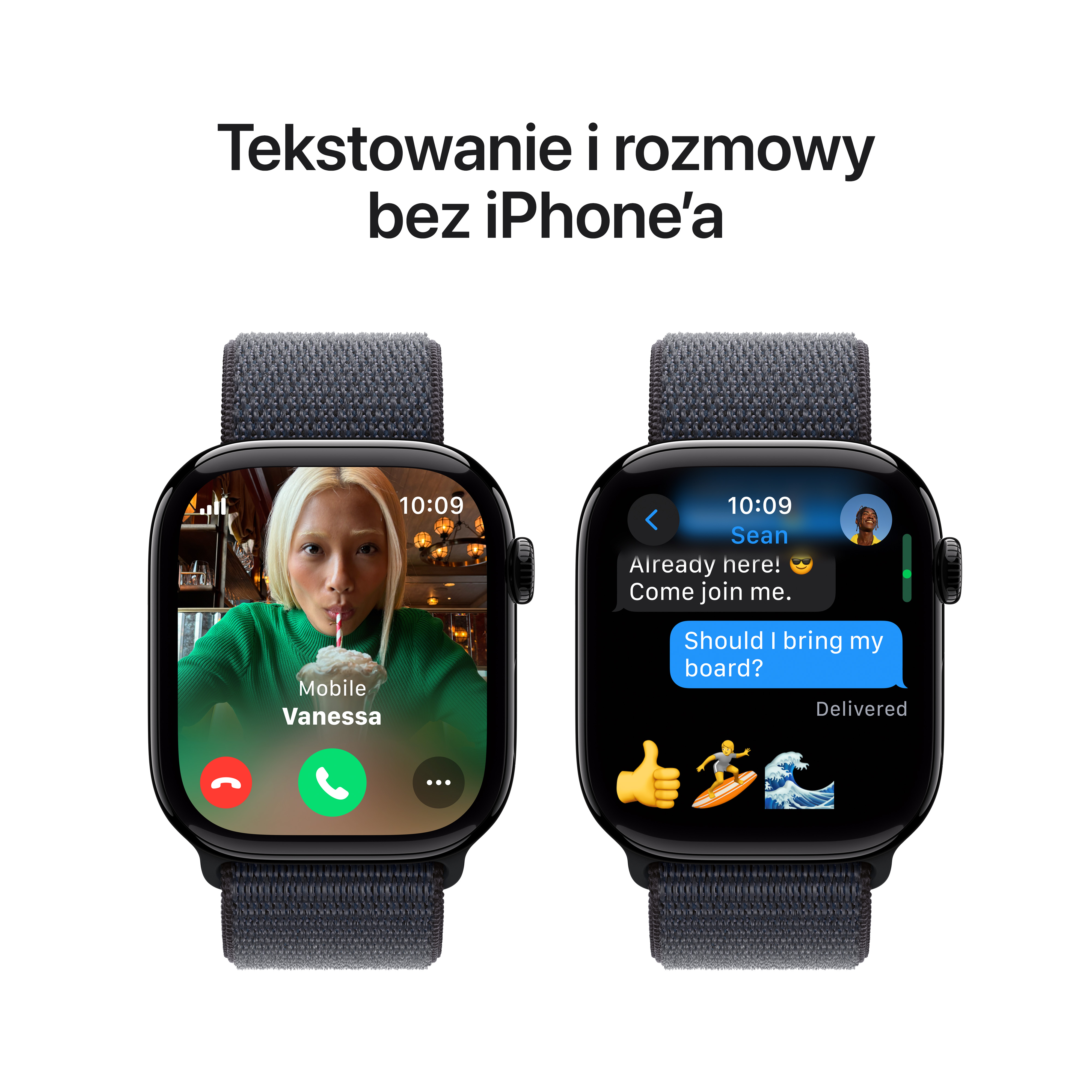 Dwa Apple Watche pokazujące wiadomości. Jeden pokazuje połączenie wideo, drugi wiadomości tekstowe.