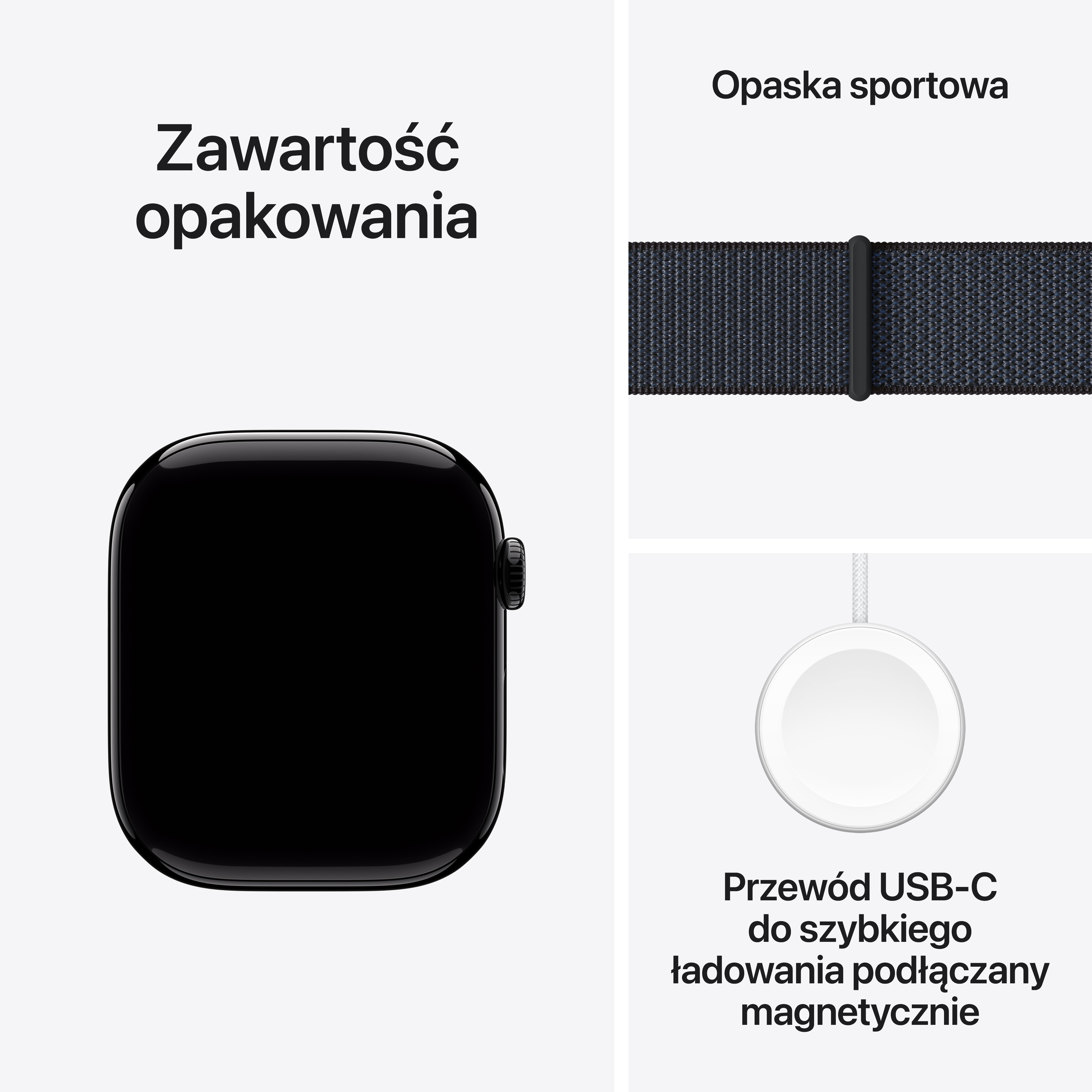 Smartwatch z paskiem i kablem do ładowania. Czarny zegarek, czarny pasek, biały kabel. Białe tło.