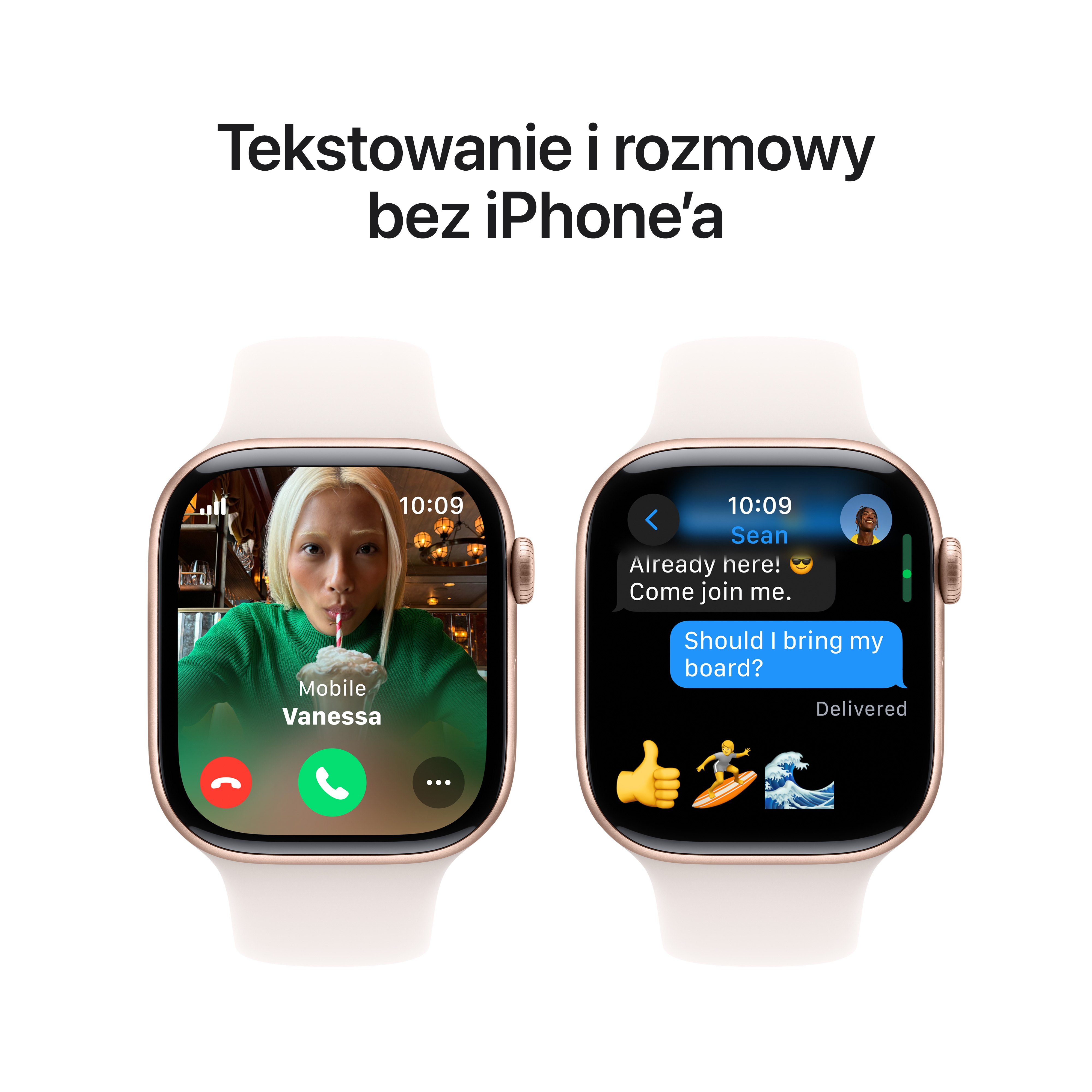 Dwa Apple Watche wyświetlające wiadomości. Jeden pokazuje połączenie wideo, drugi teksty.