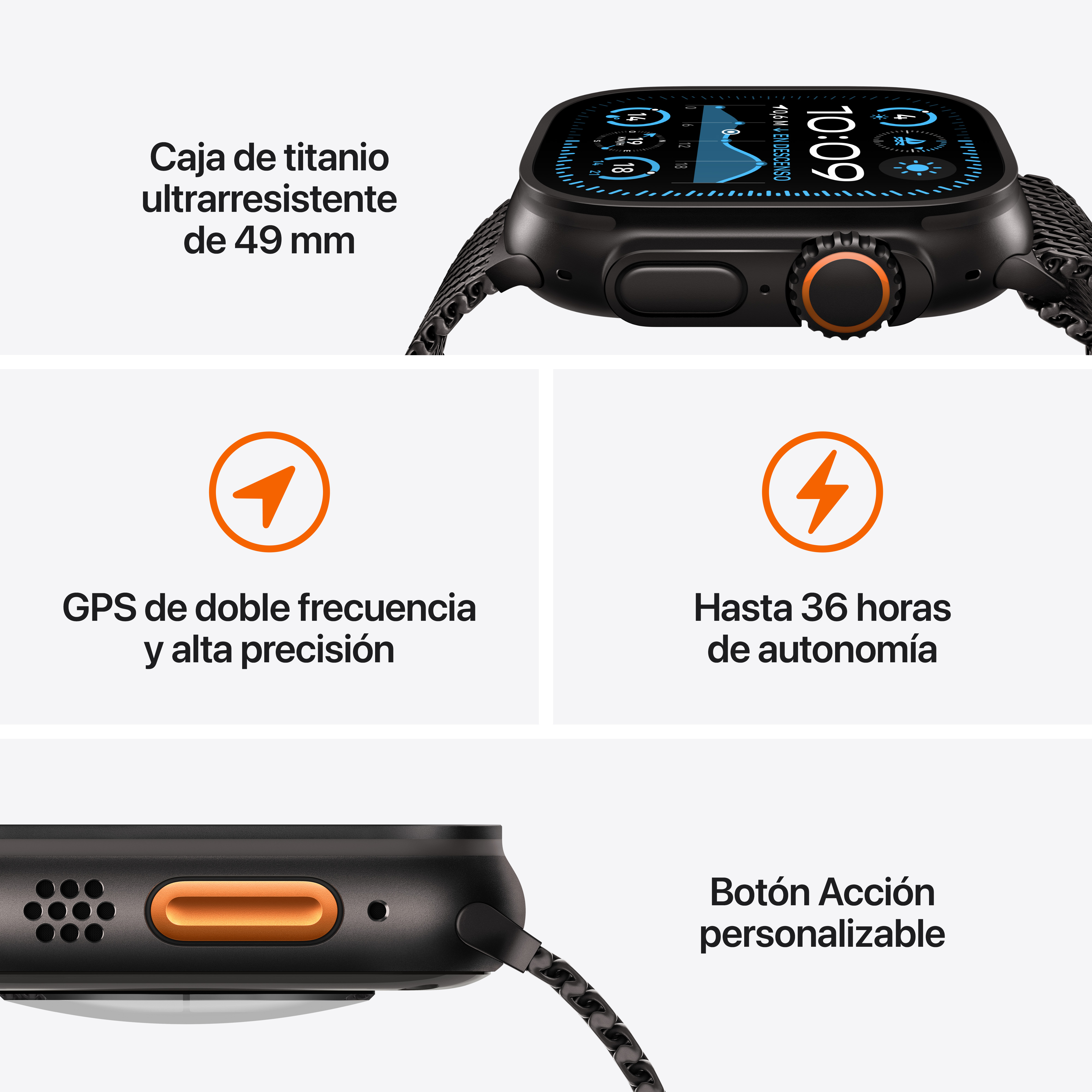 Apple Watch negra con botón naranja. Características: GPS, 36 horas de batería y botón de acción personalizable.