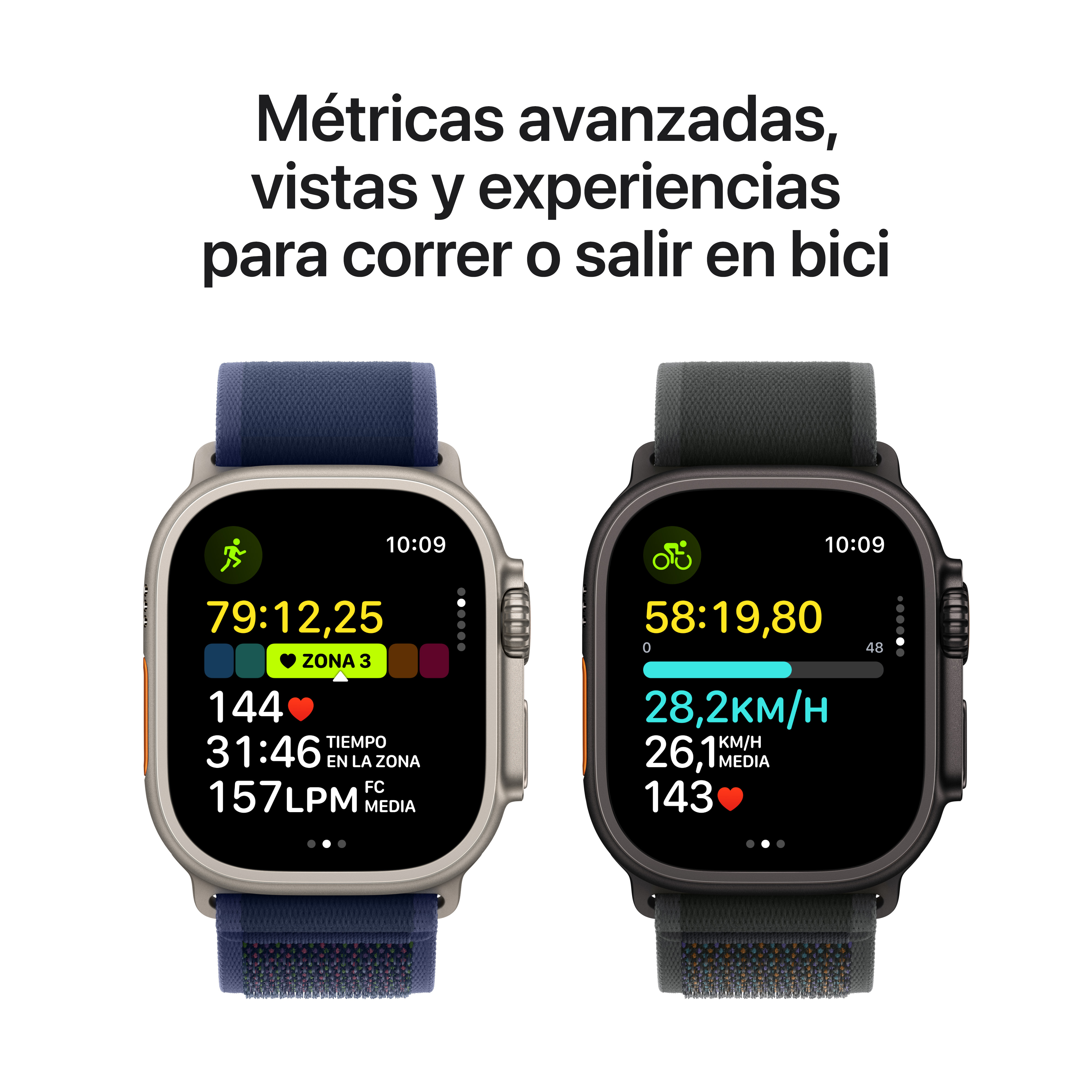 Dos smartwatches con pantallas de datos, mostrando métricas para correr y ciclismo, con texto.