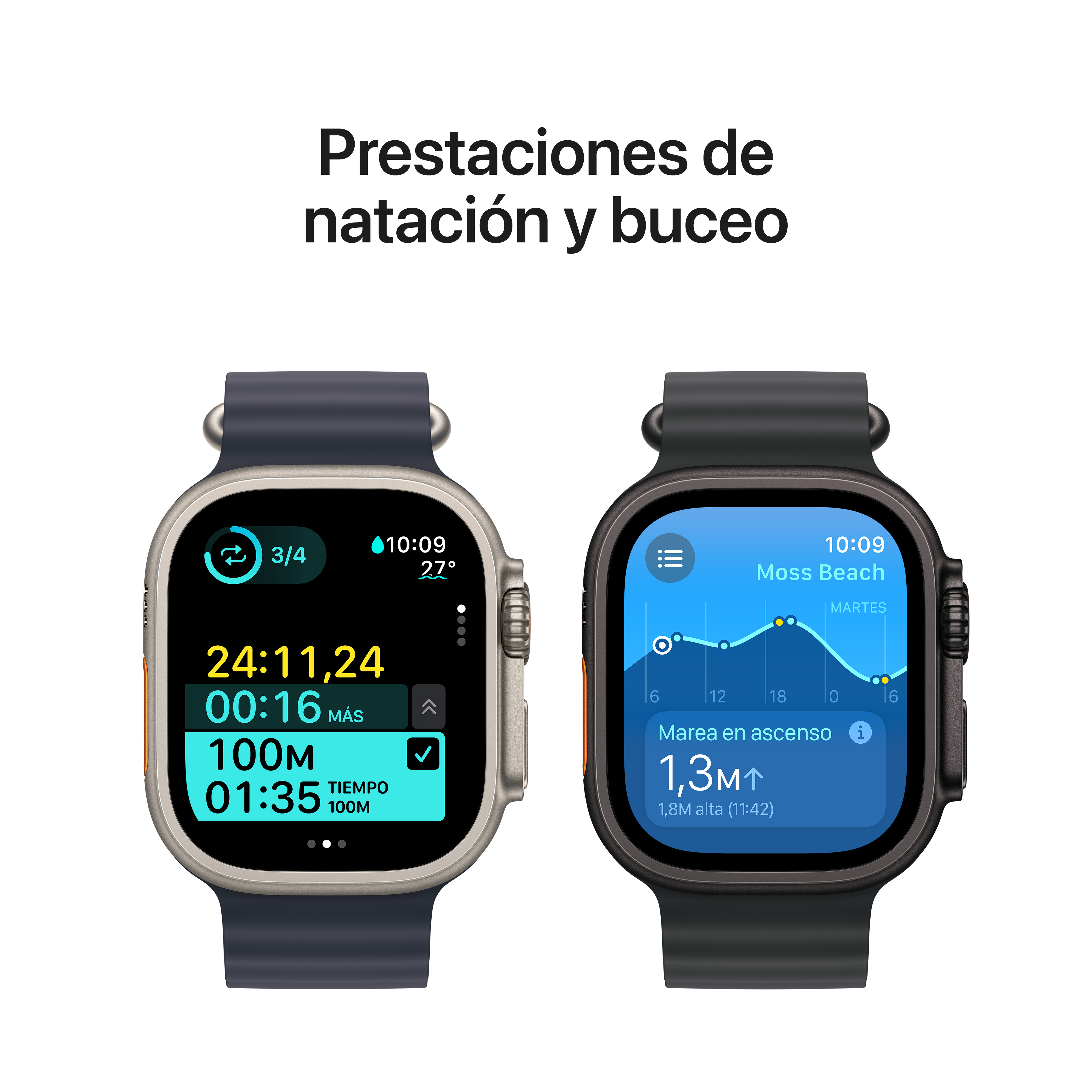 Dos smartwatches mostrando datos. Uno muestra tiempo y estadísticas.