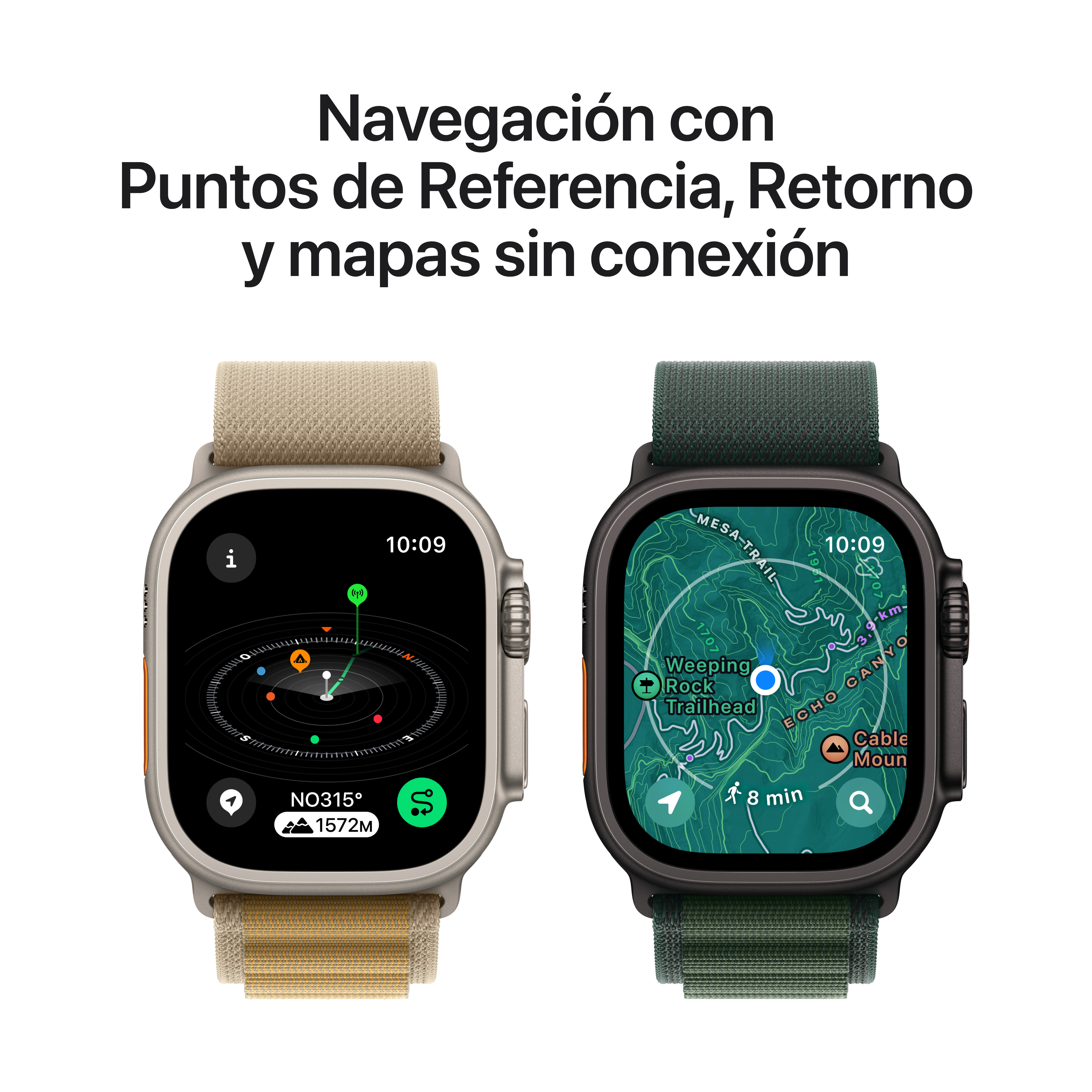 Dos smartwatches que muestran mapas de navegación. Uno con correa beige y otro verde.