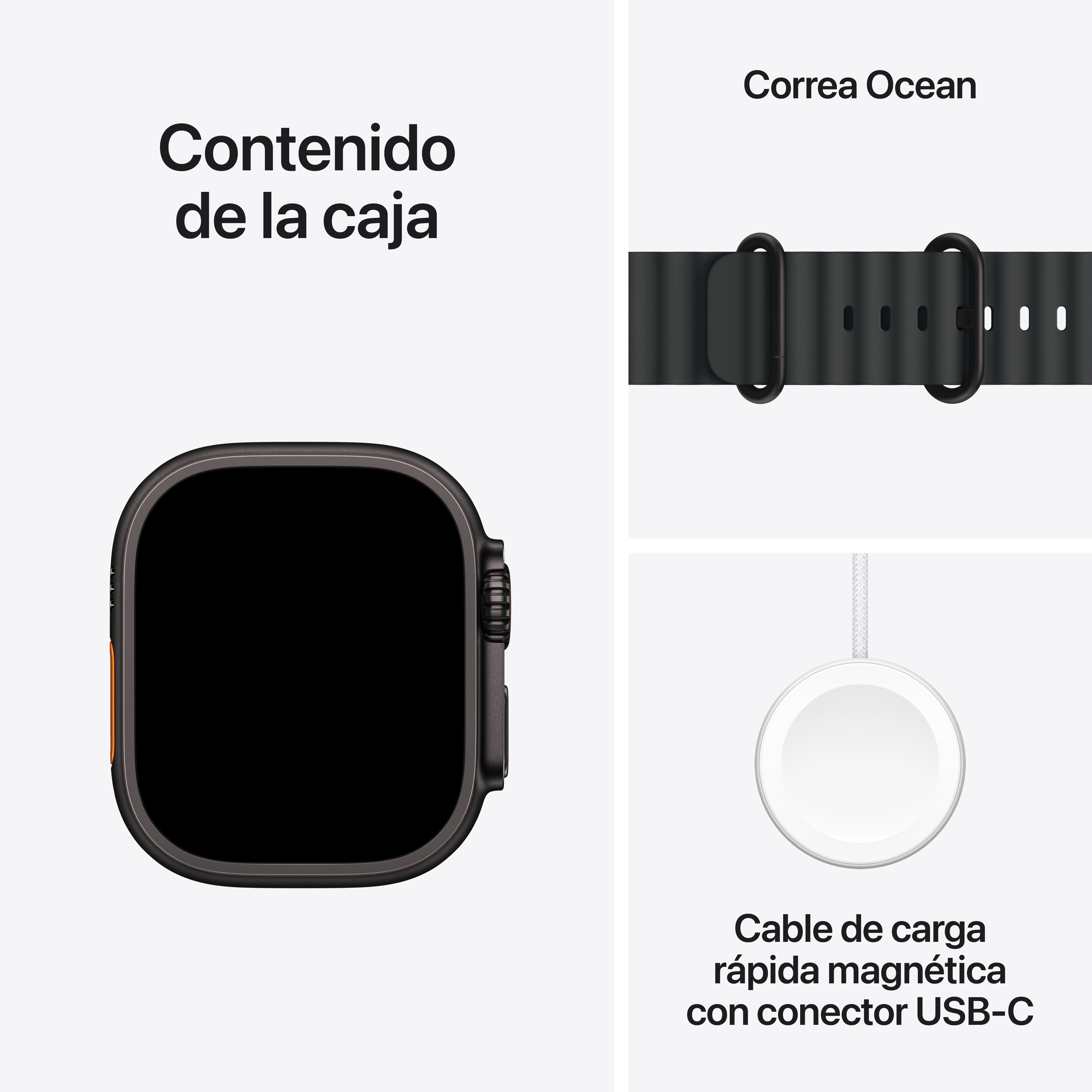 Apple Watch, correa Ocean y cable de carga magnético. Esfera negra con texto.