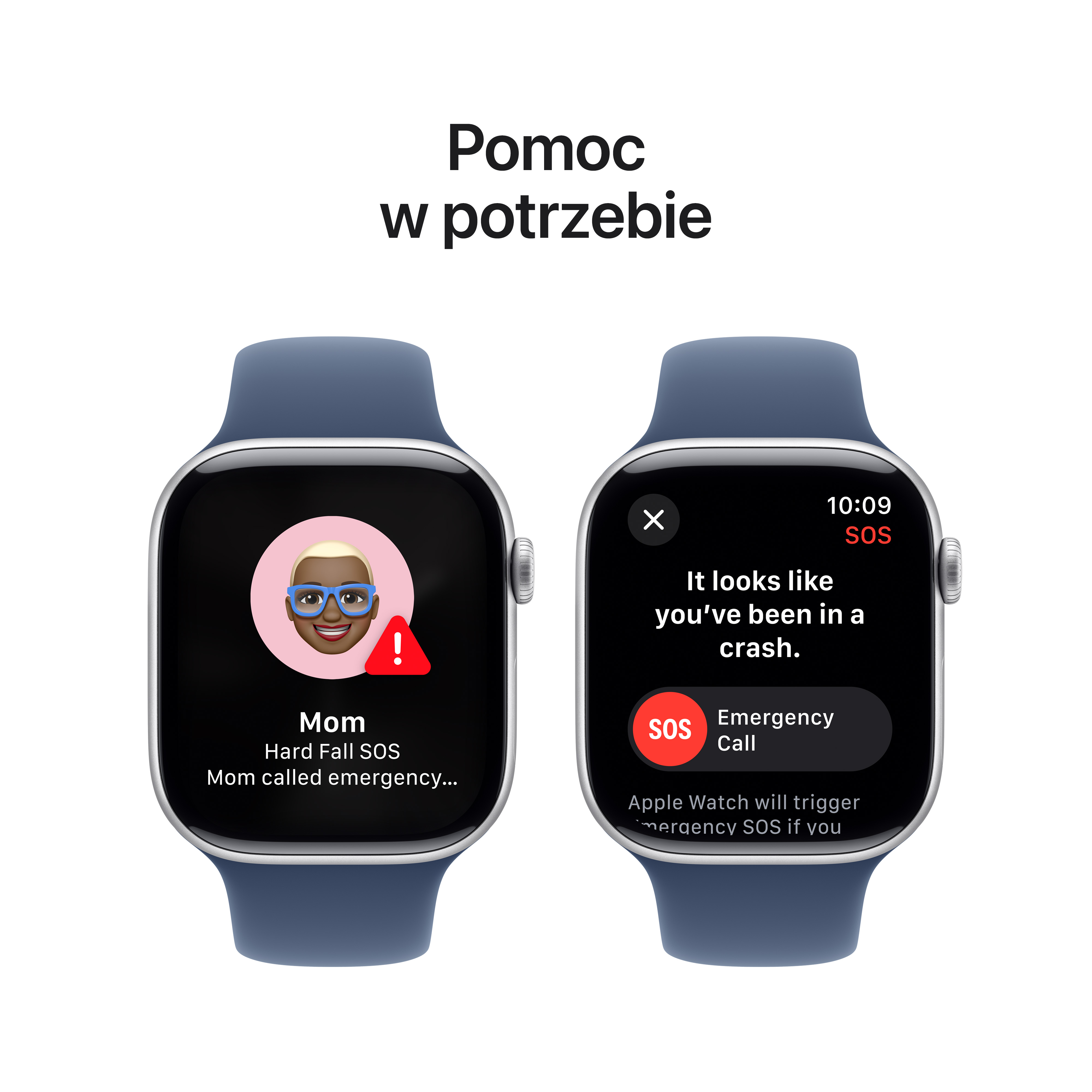 Dwa Apple Watche pokazują połączenia alarmowe i wykrywanie upadku na ekranie. Tekst polski u góry.