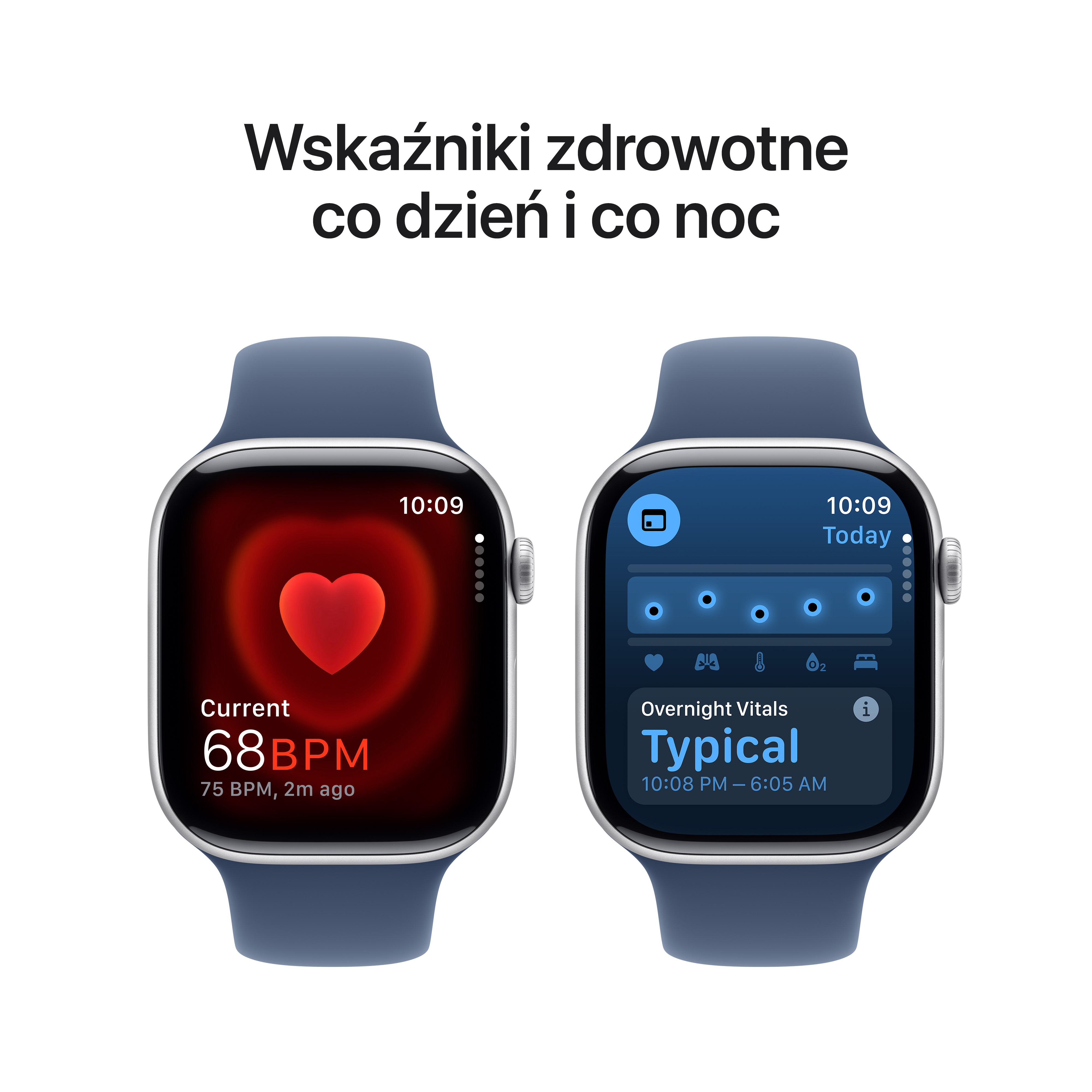 Dwa Apple Watche pokazujące wskaźniki zdrowotne. Jeden wyświetla tętno, drugi dane dotyczące snu.
