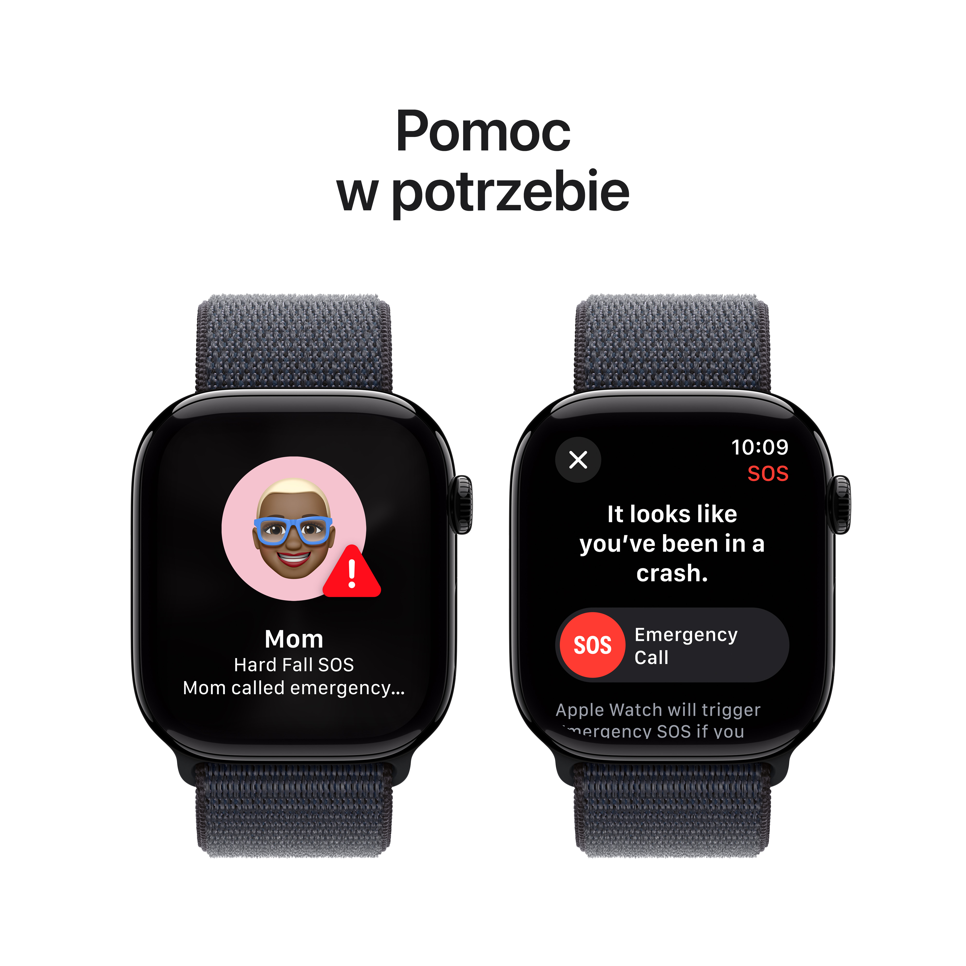 Dwa smartwatche wyświetlające informacje o połączeniach alarmowych. Tekst powyżej brzmi 'Pomoc, kiedy jej potrzebujesz'.