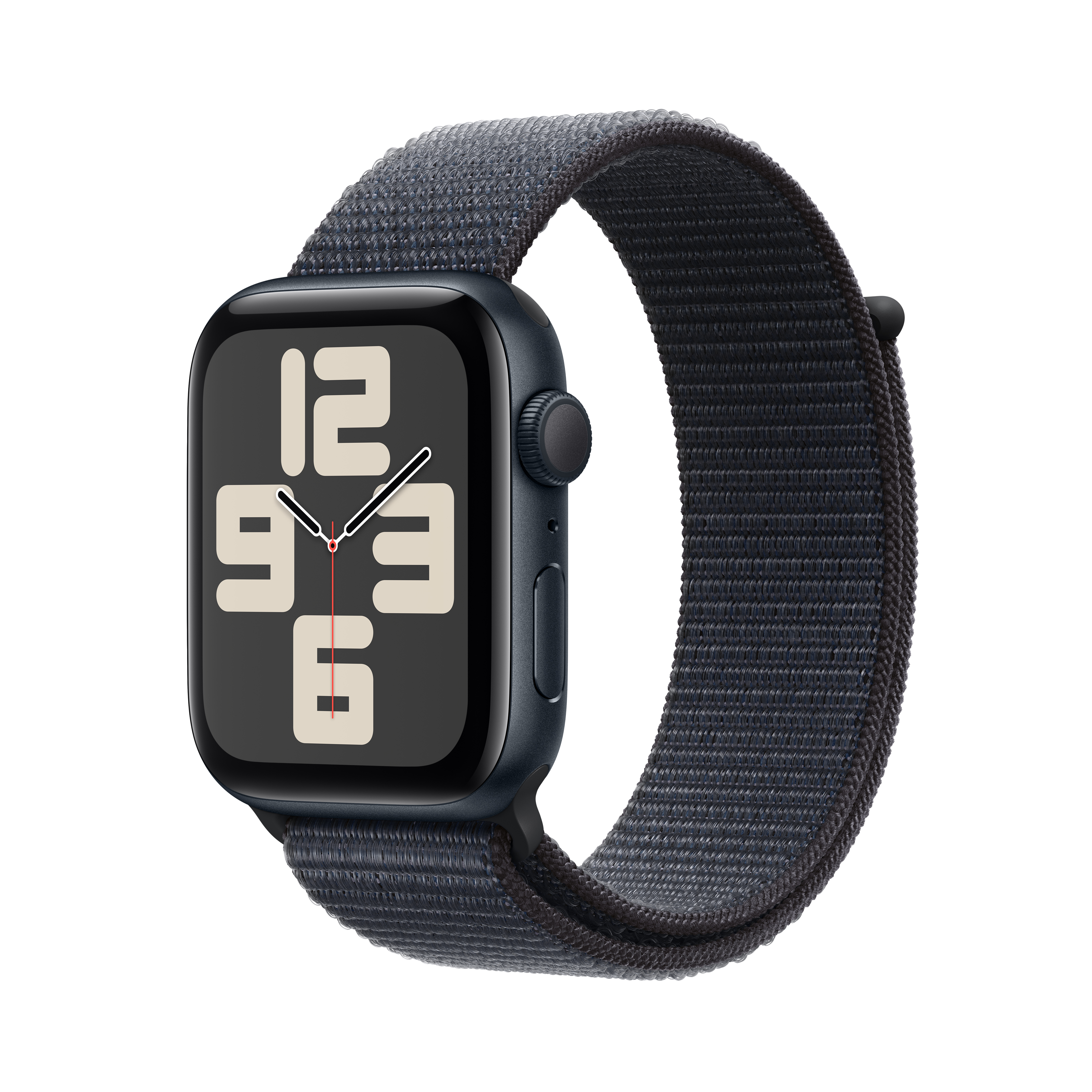 Ciemnoniebieski Apple Watch z czarnym paskiem. Wyświetlana godzina to 12:36.