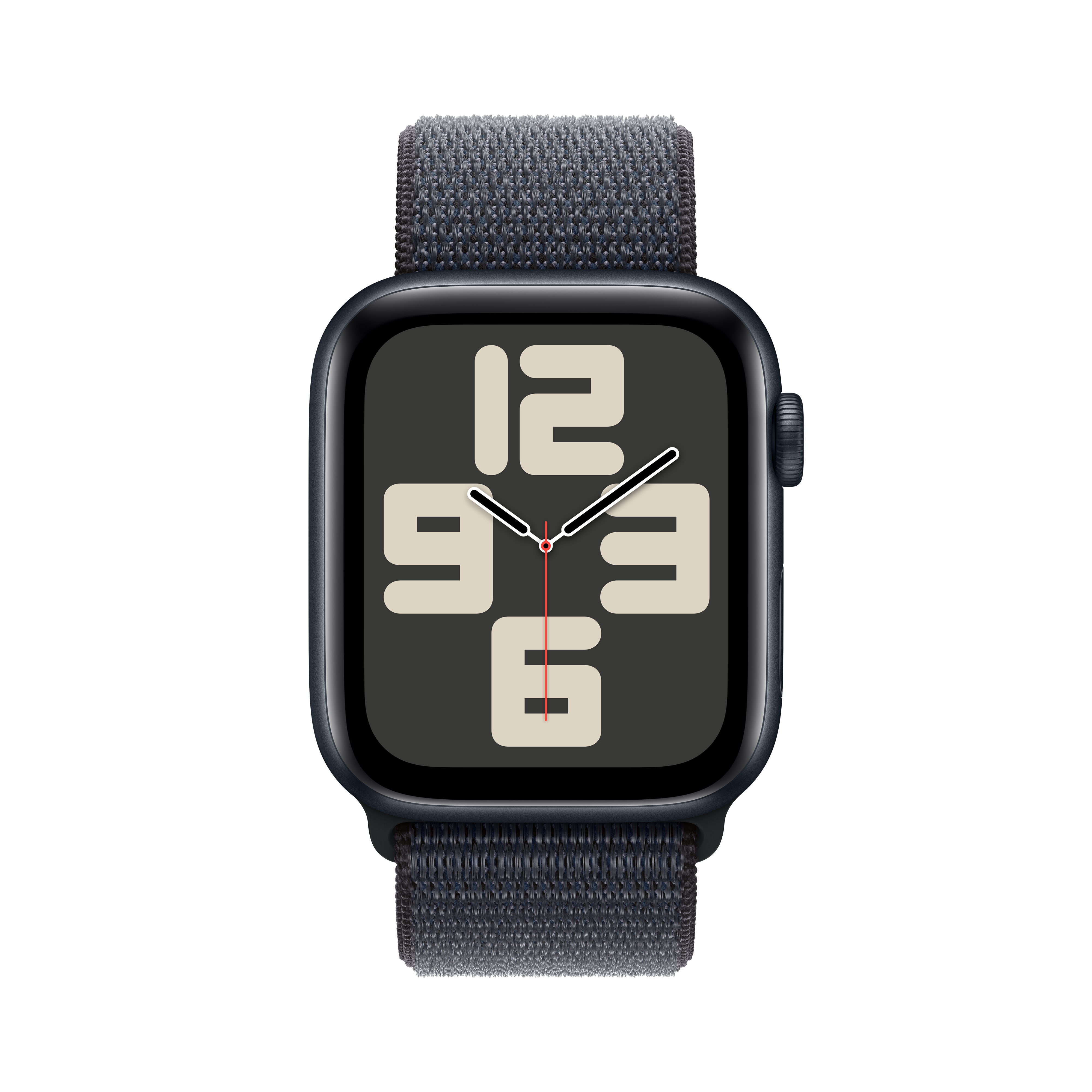 Apple Watch z granatowym paskiem i tarczą z dużymi, beżowymi cyframi na ciemnoszarym tle.