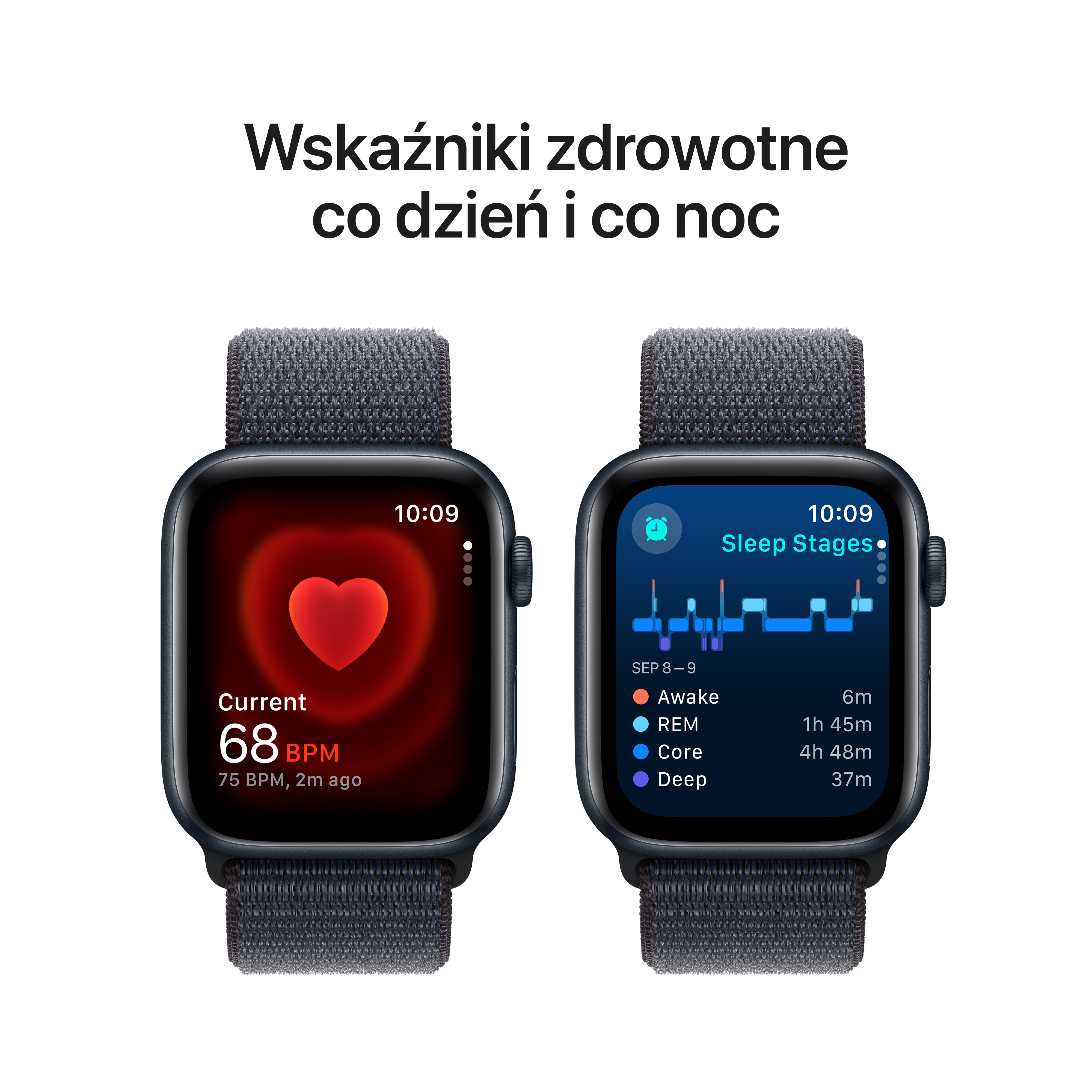 Dwa Apple Watch pokazujące wskaźniki zdrowia. Tętno i fazy snu.