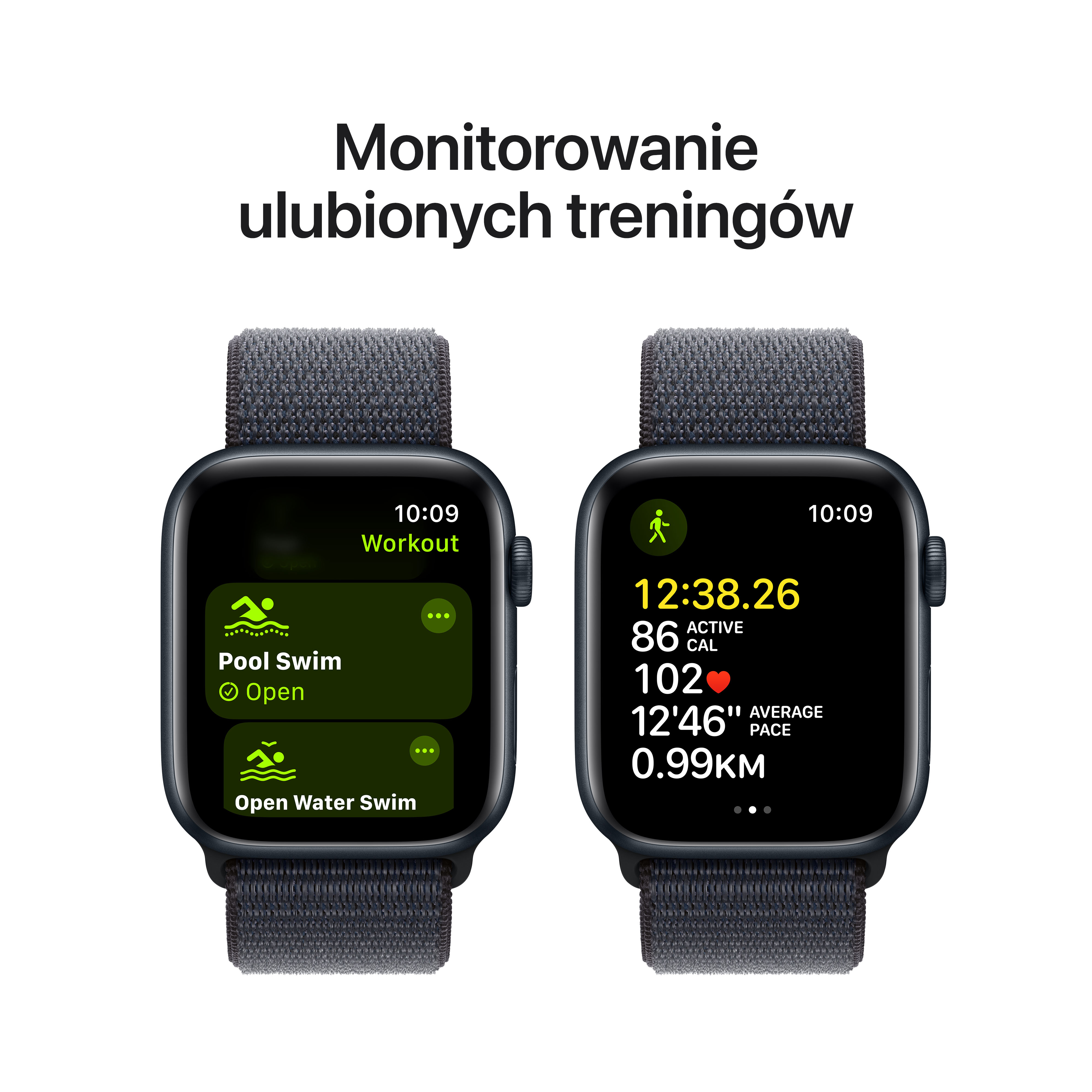 Dwa smartwatche wyświetlające dane treningowe, pokazujące metryki pływania i pływanie na otwartym akwenie.