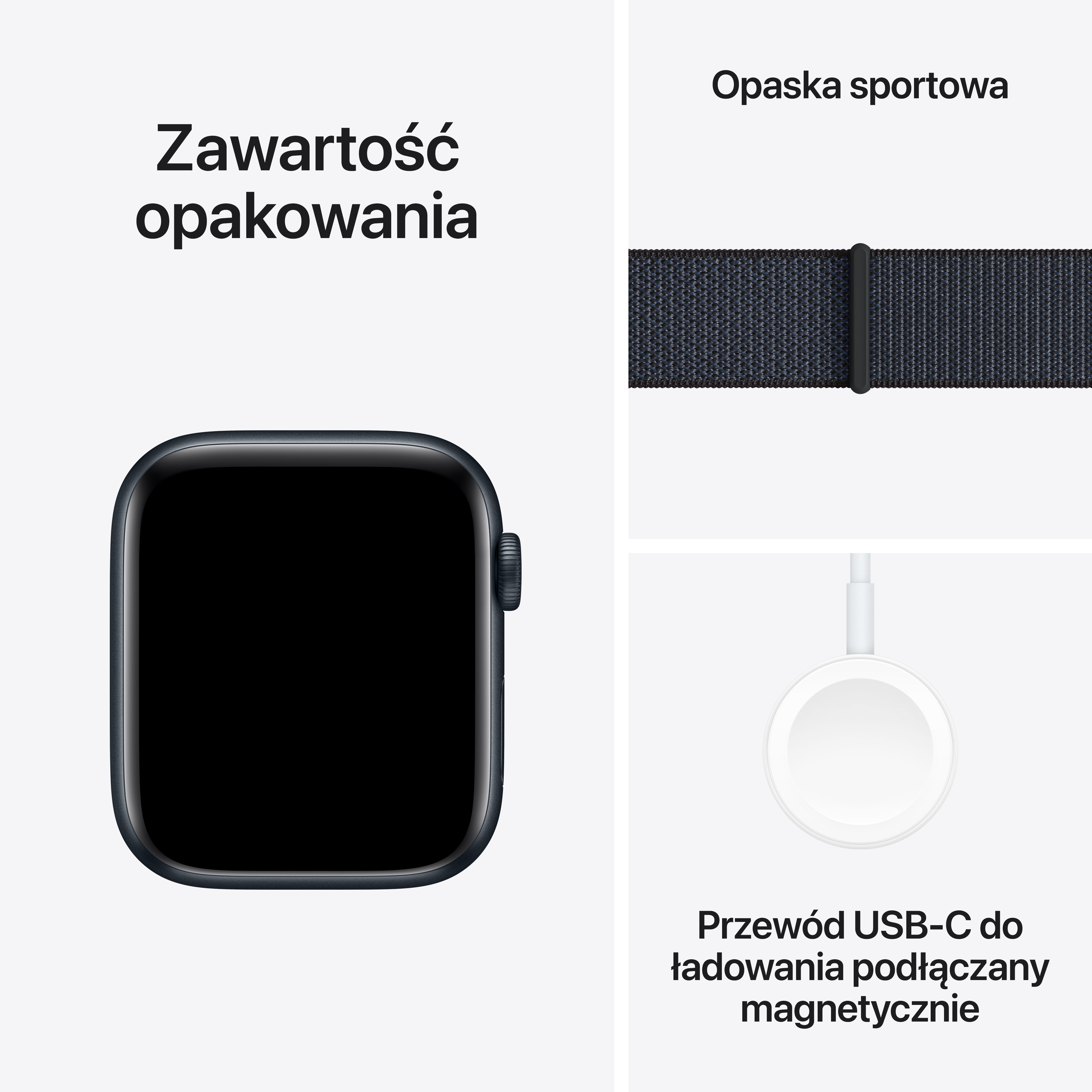 Czarny Apple Watch z granatową opaską i biały kabel ładujący USB-C są pokazane.