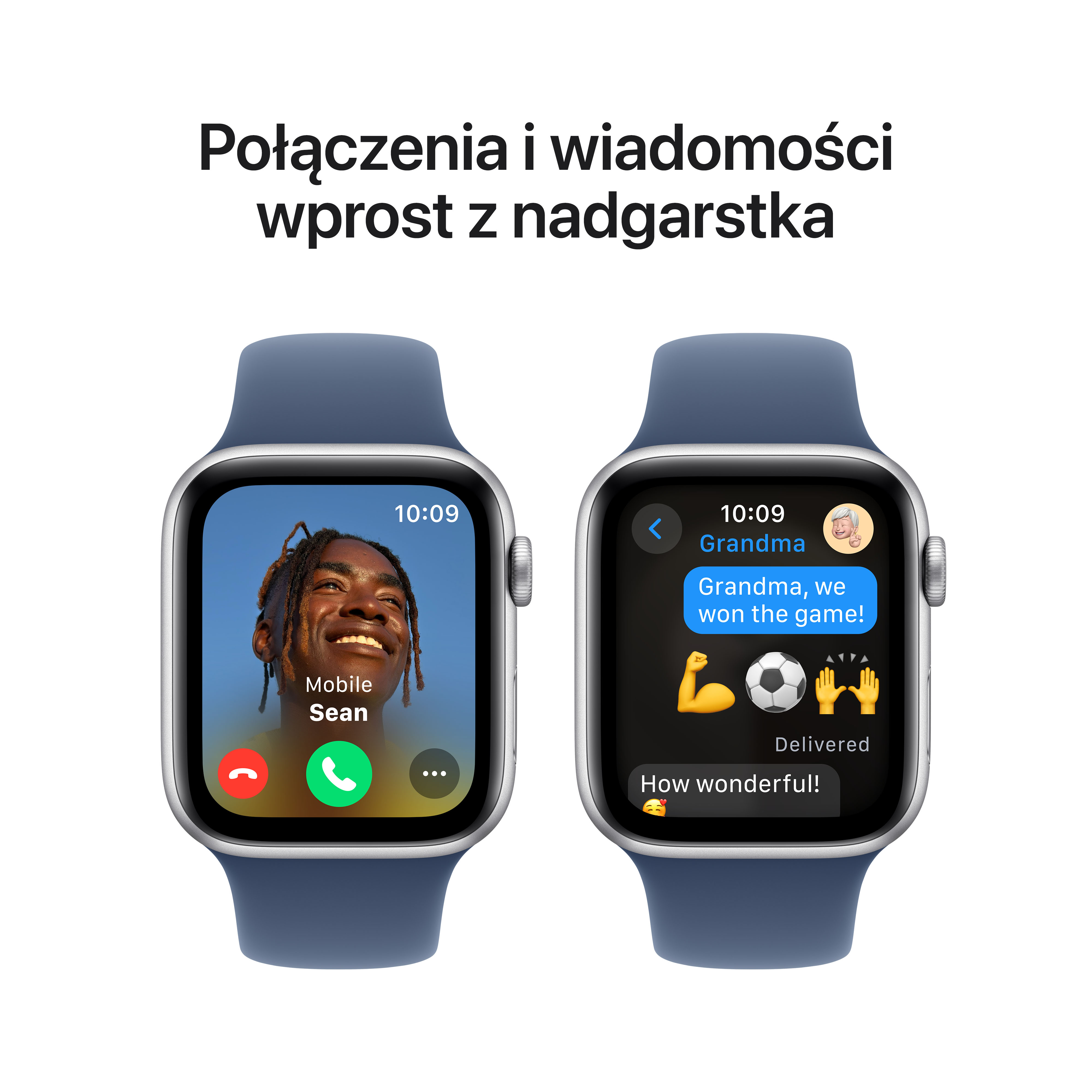 Dwa smartwatche z niebieskim paskiem wyświetlające połączenie wideo i konwersację tekstową.