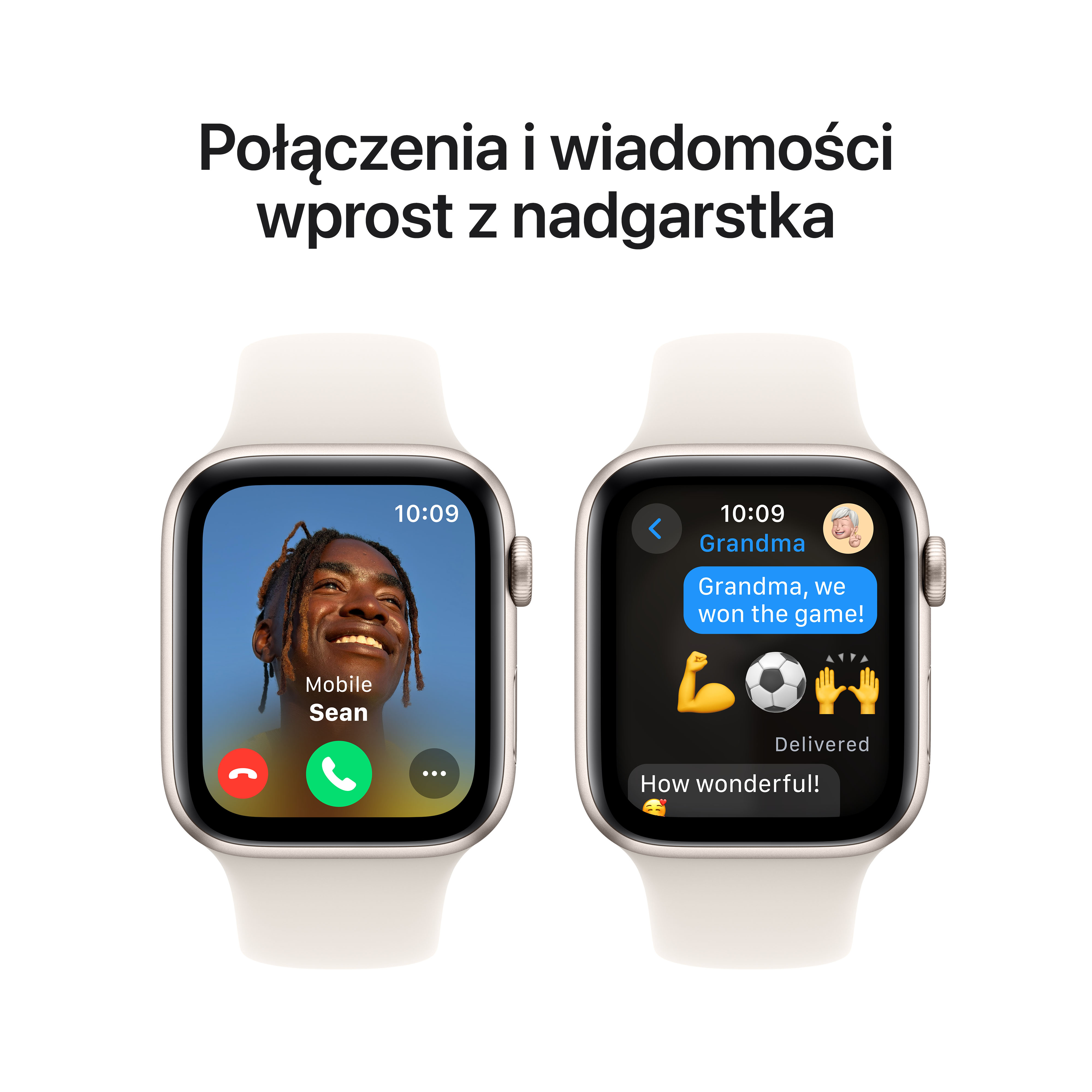 Dwa smartwatche wyświetlające połączenia i wiadomości, z osobą na ekranie.