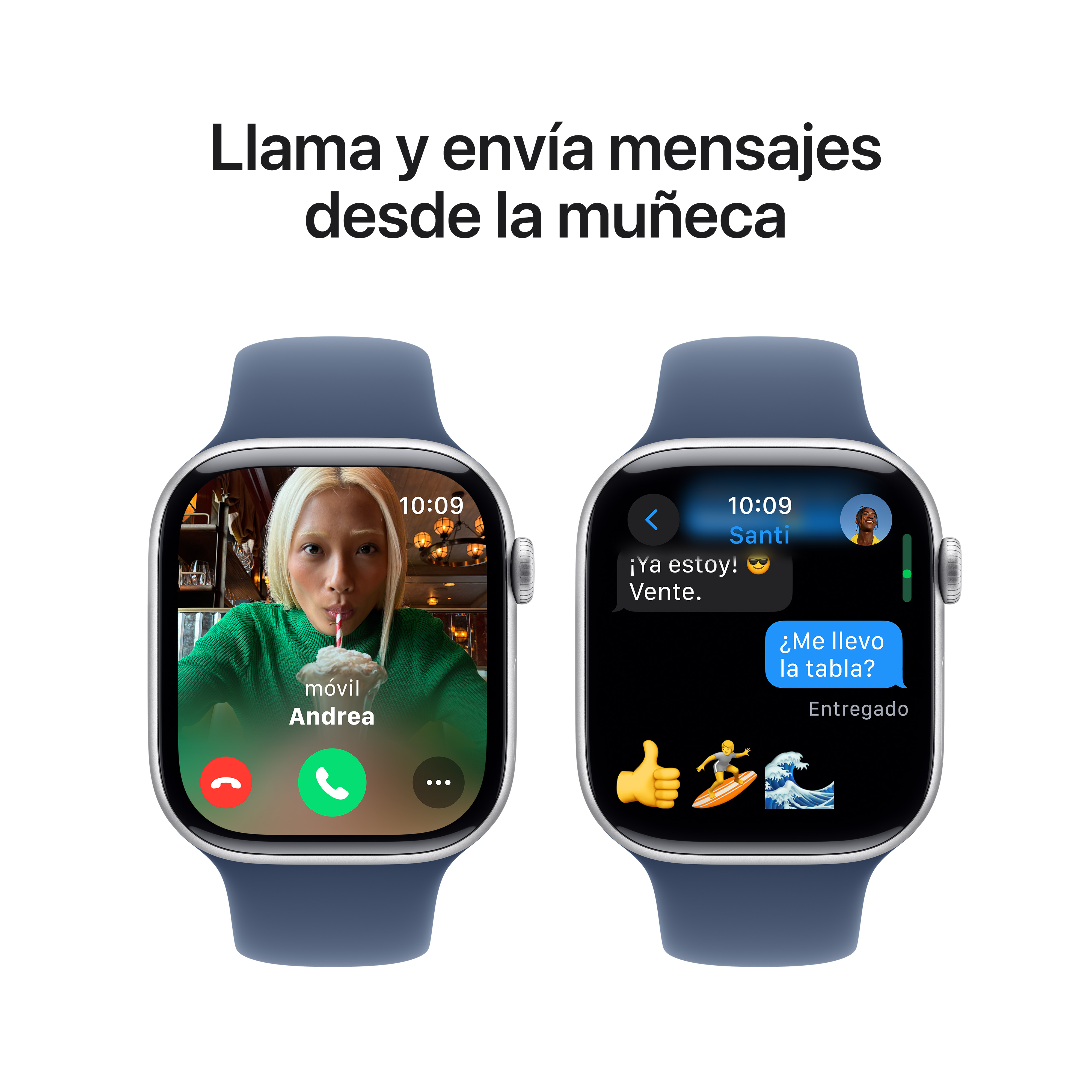 Dos smartwatches con correas azules, mostrando videollamadas y mensajería.
