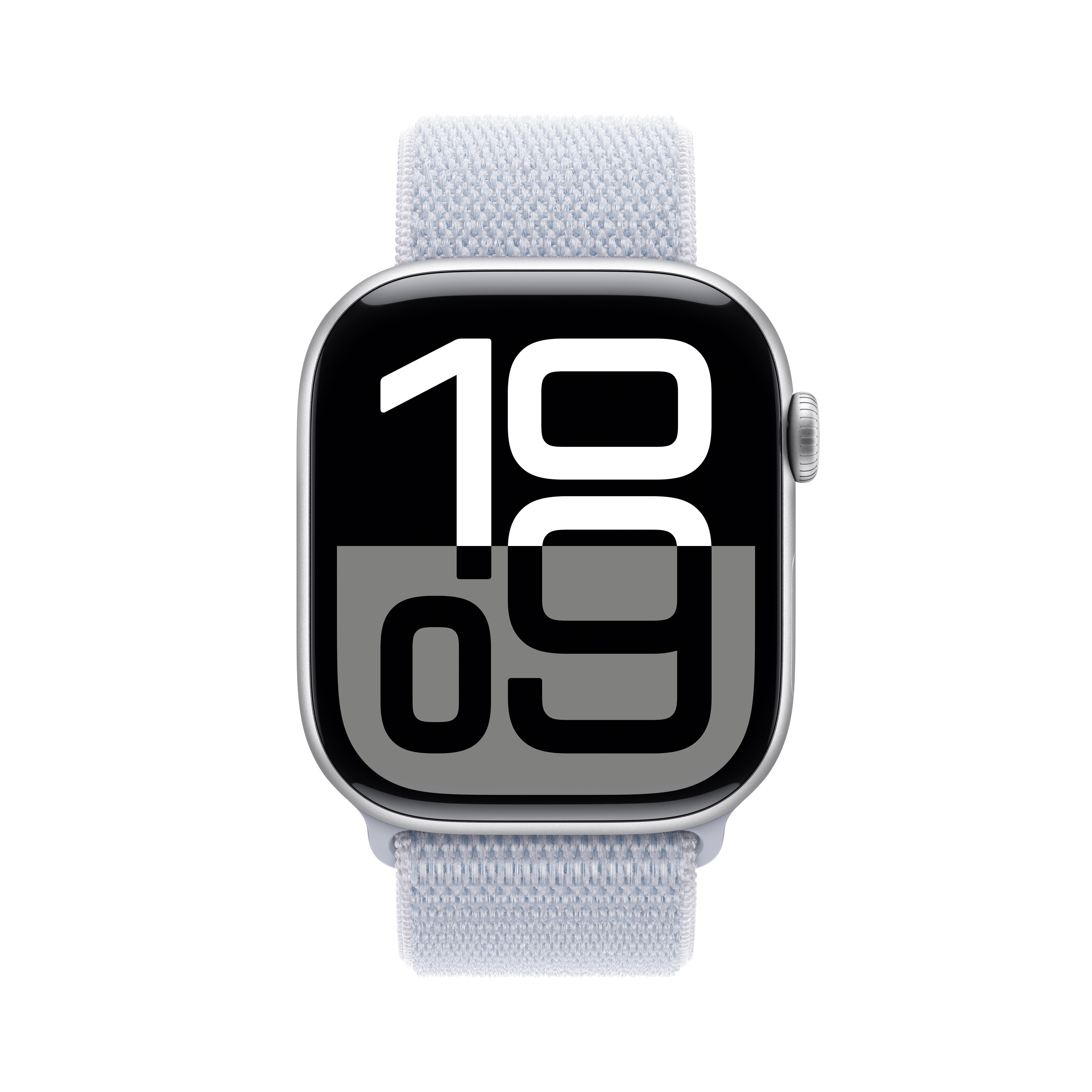 Un Apple Watch plateado con correa azul claro, mostrando la hora 19:09 en su pantalla.
