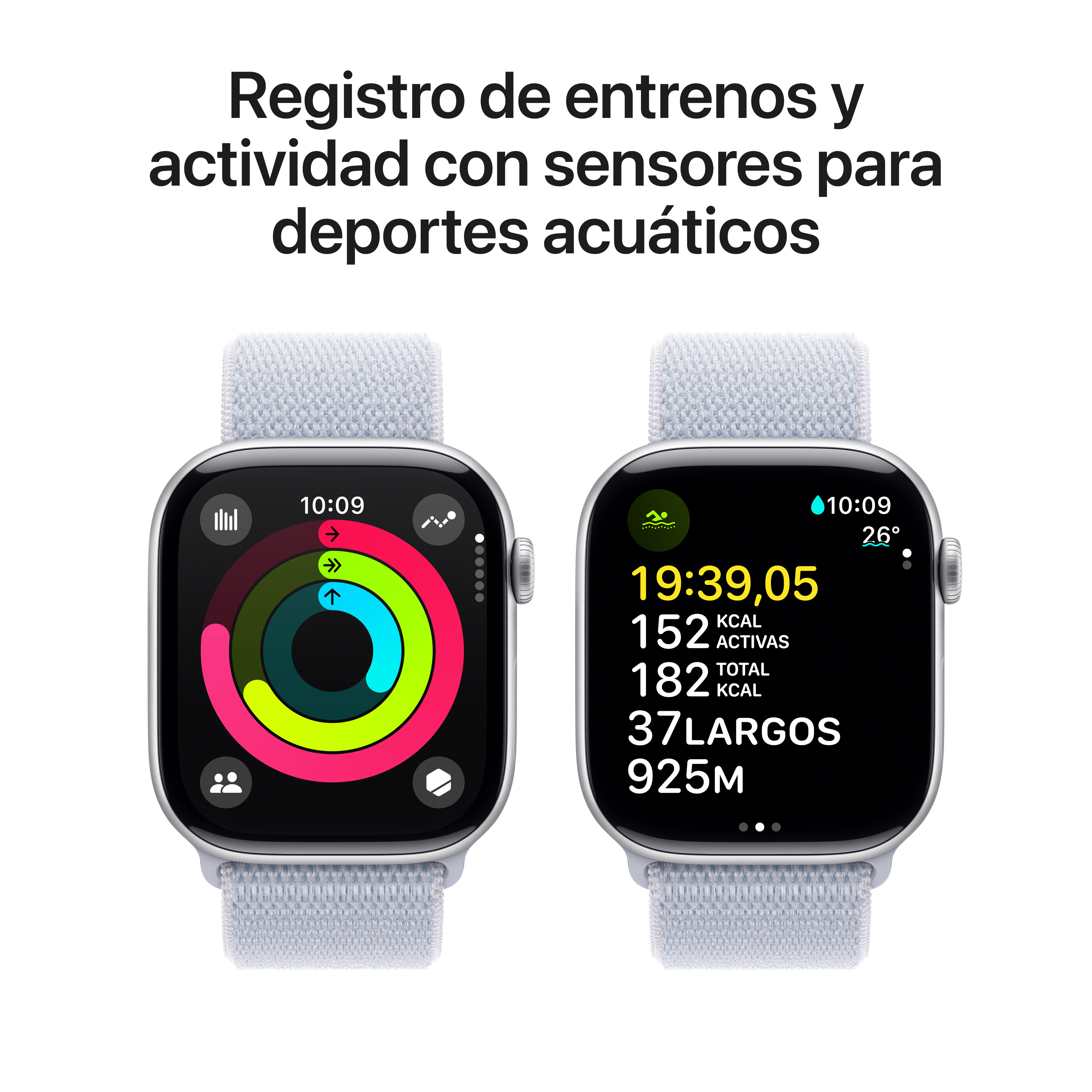 Dos Apple Watches mostrando métricas de seguimiento de fitness. Uno muestra anillos de actividad, el otro datos de ejercicio.