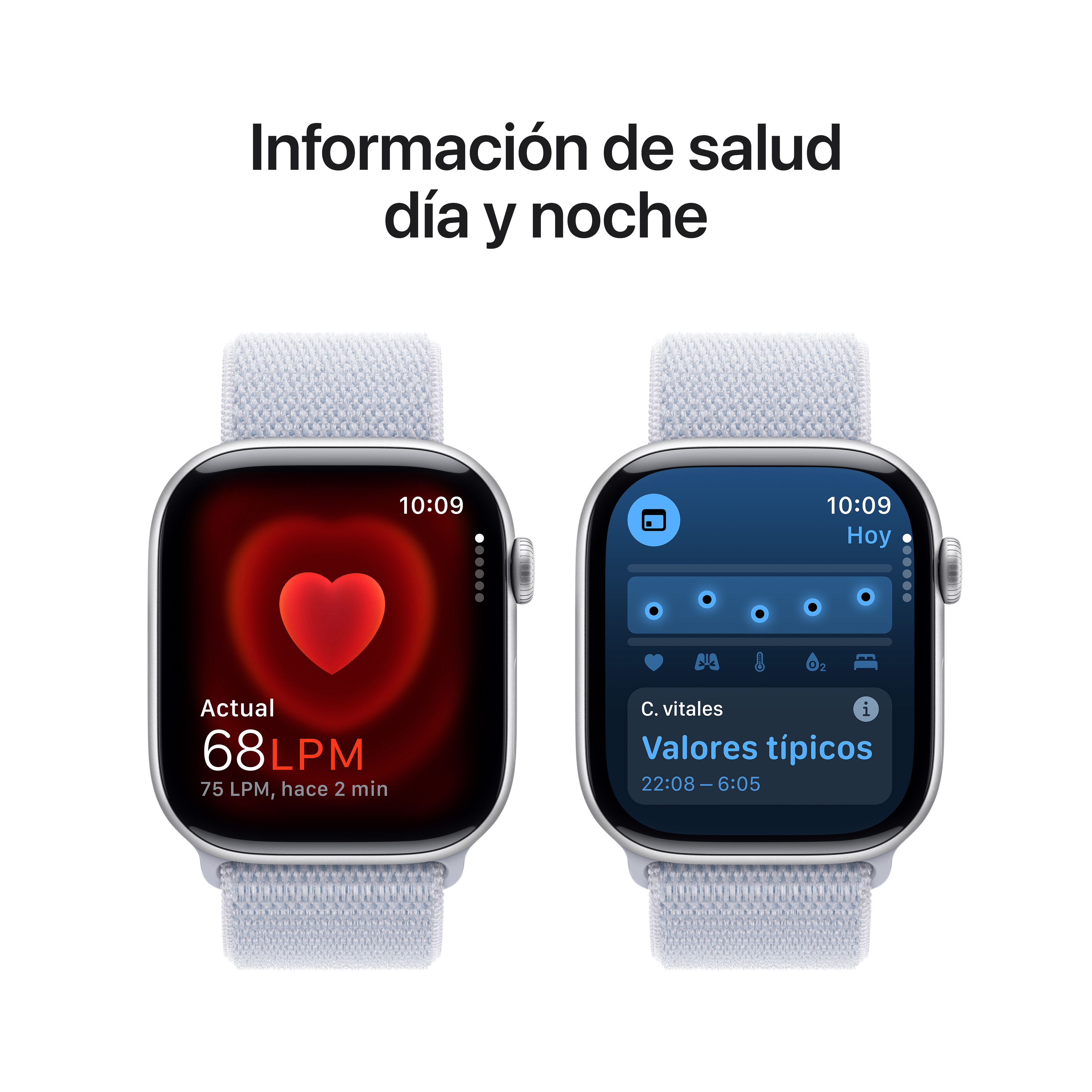 Dos pantallas de Apple Watch con datos de salud, frecuencia cardíaca y estadísticas vitales.