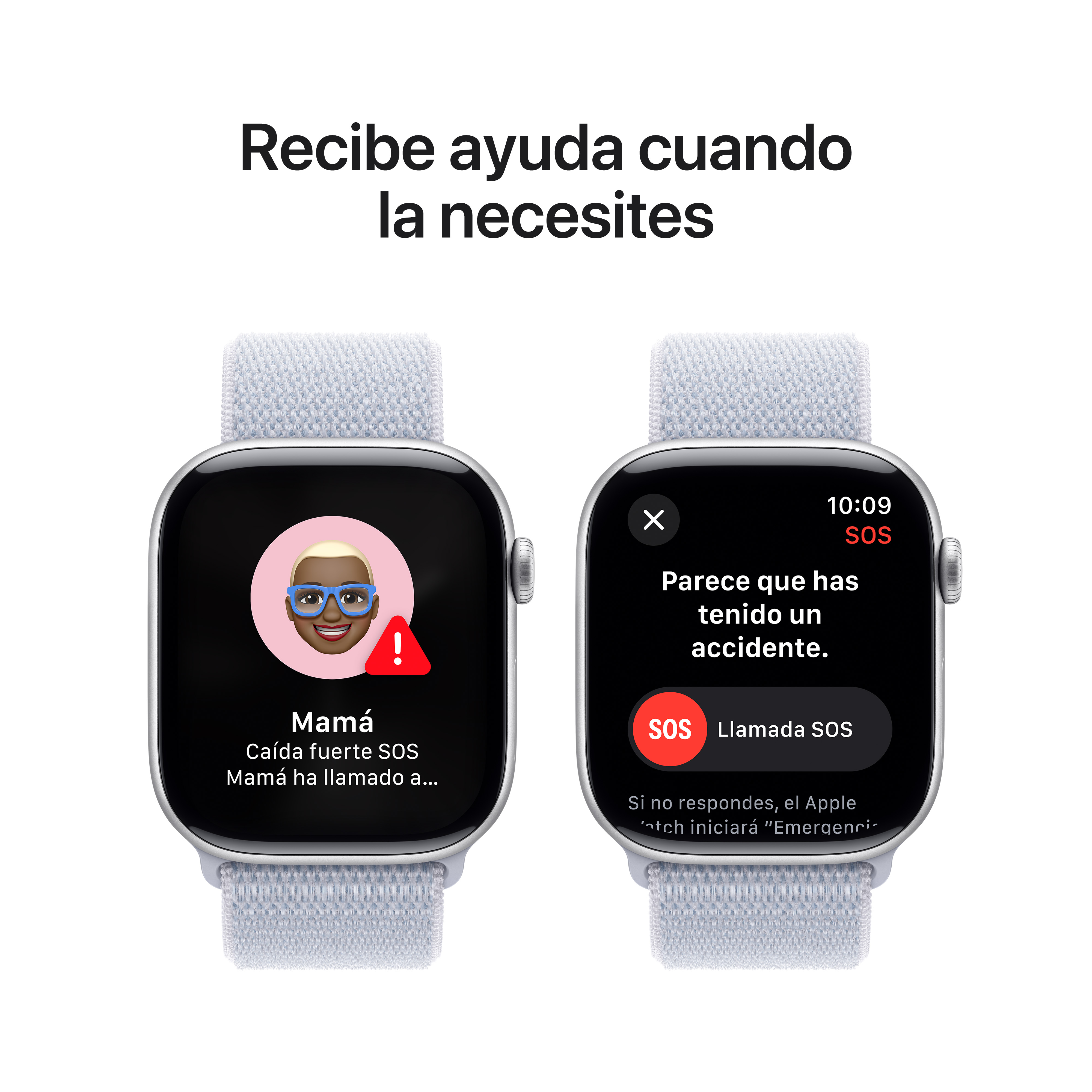 Dos Apple Watch mostrando mensajes SOS. Un reloj tiene un icono de alerta roja. El otro muestra una llamada de ayuda.