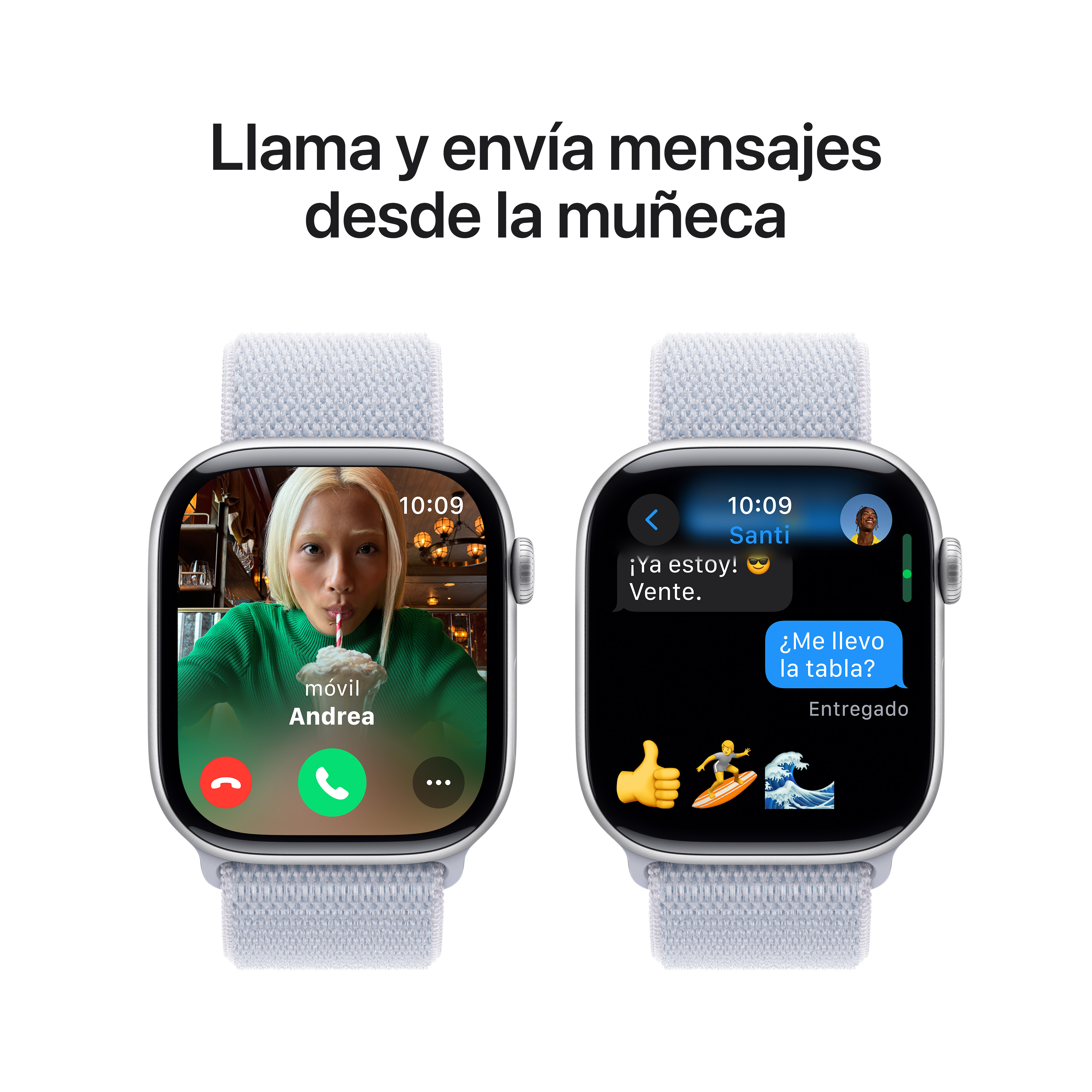 Dos smartwatches que muestran interfaces de mensajería, mostrando videollamadas y conversaciones de mensajes de texto.