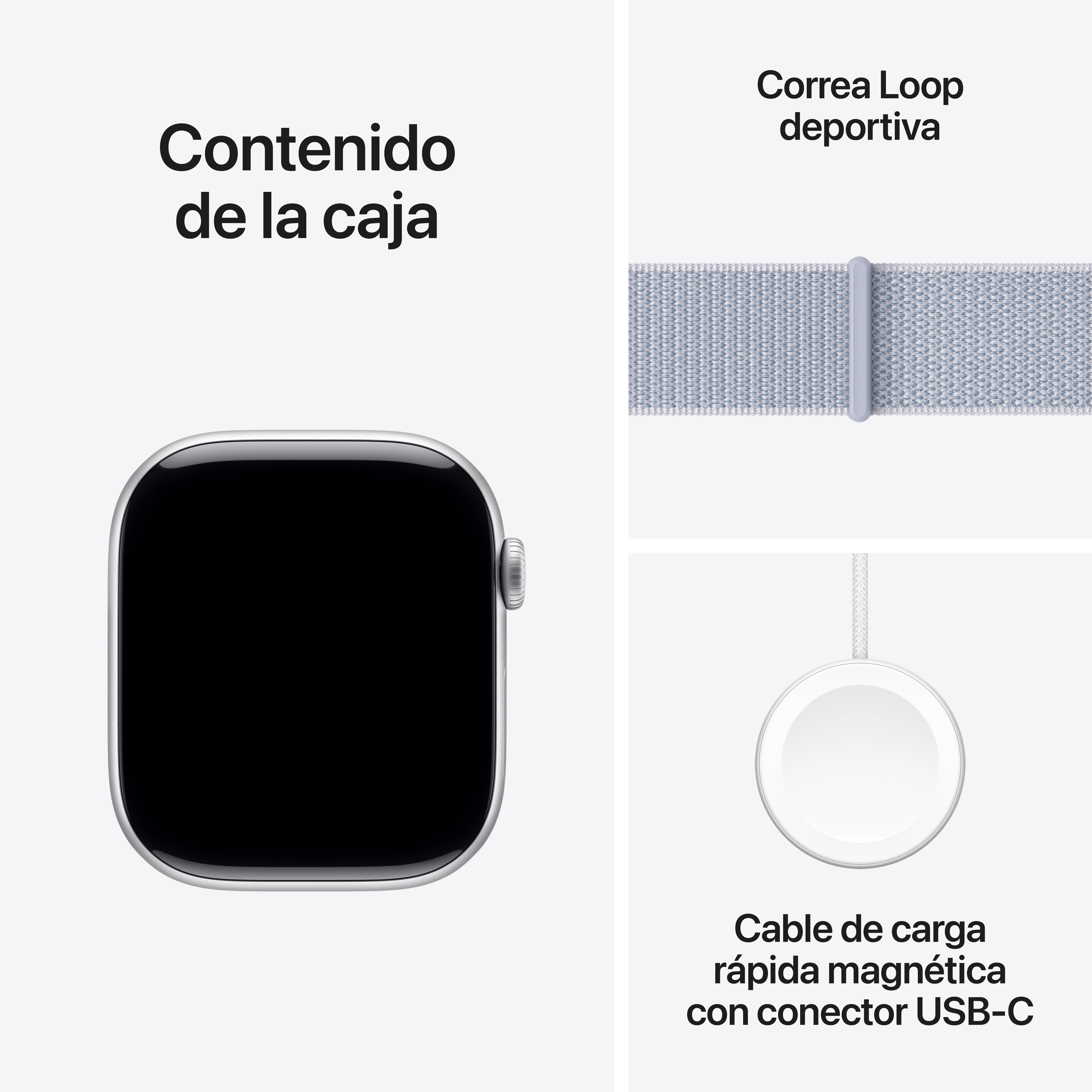 Apple Watch y accesorios: reloj, correa y cable de carga, todo sobre una superficie gris claro.