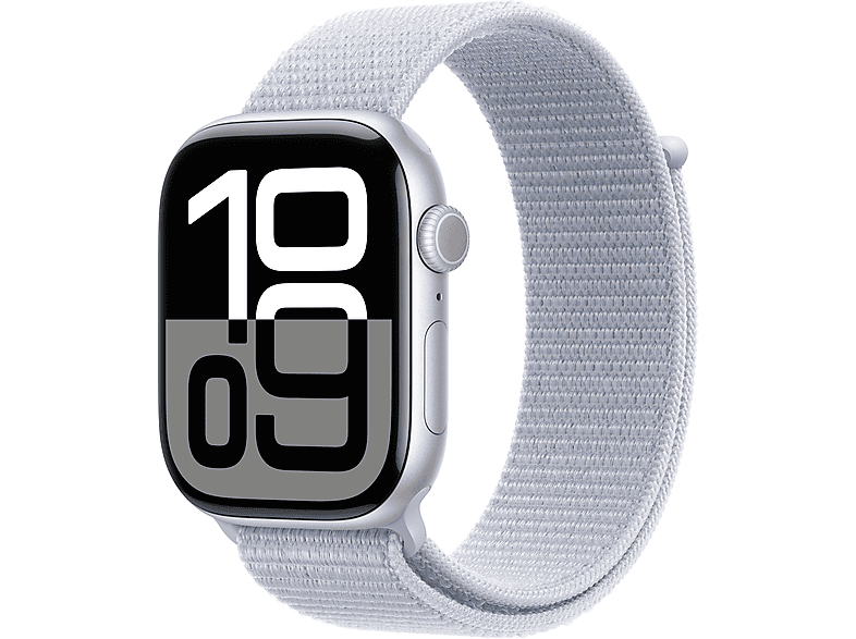 Apple Watch Series 10 (2024), GPS, 46 mm, Gesto de doble toque, Caja aluminio plata, Correa Loop deportiva Azul nube