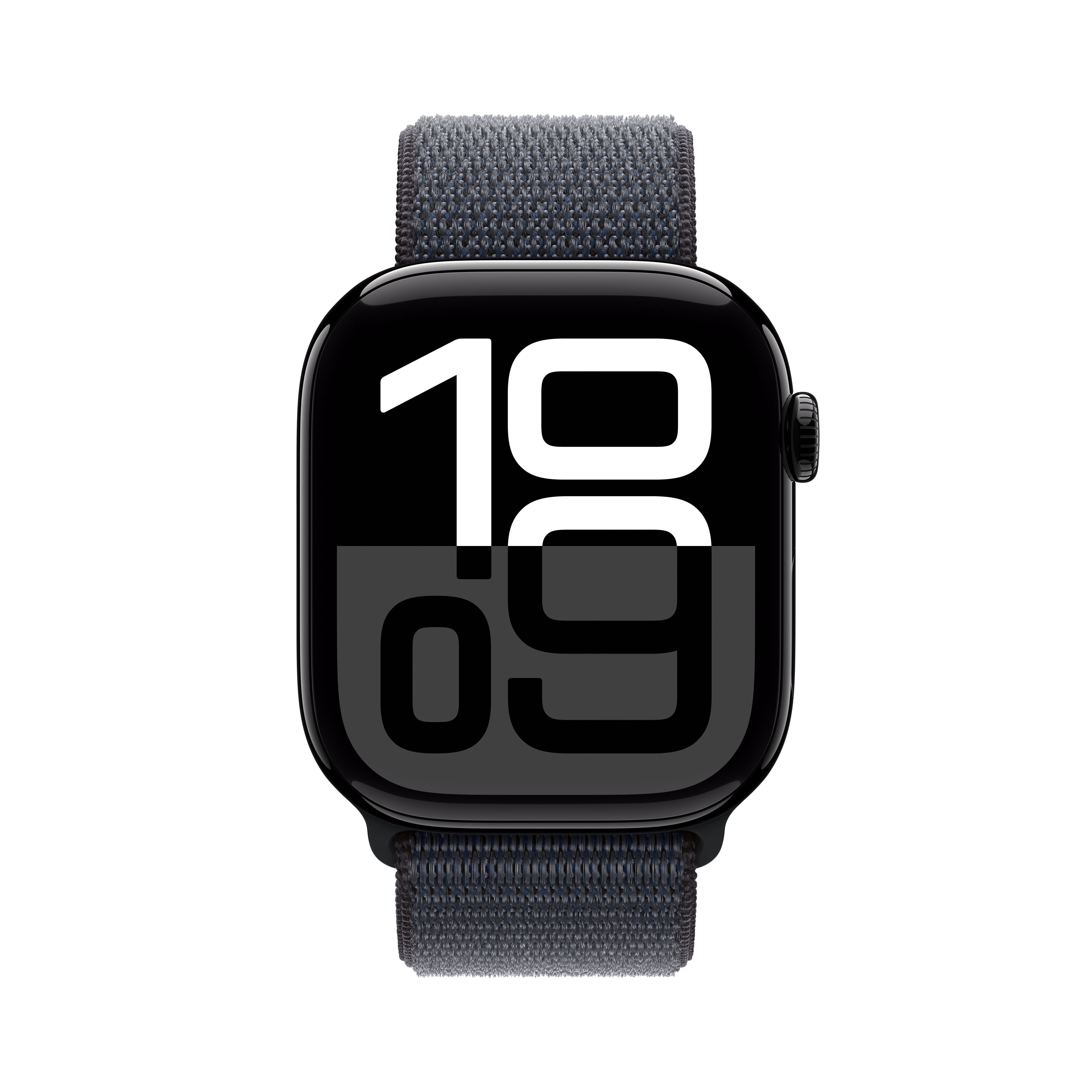 Un Apple Watch con esfera negra que muestra la hora y una correa gris oscuro, aislado sobre fondo blanco.