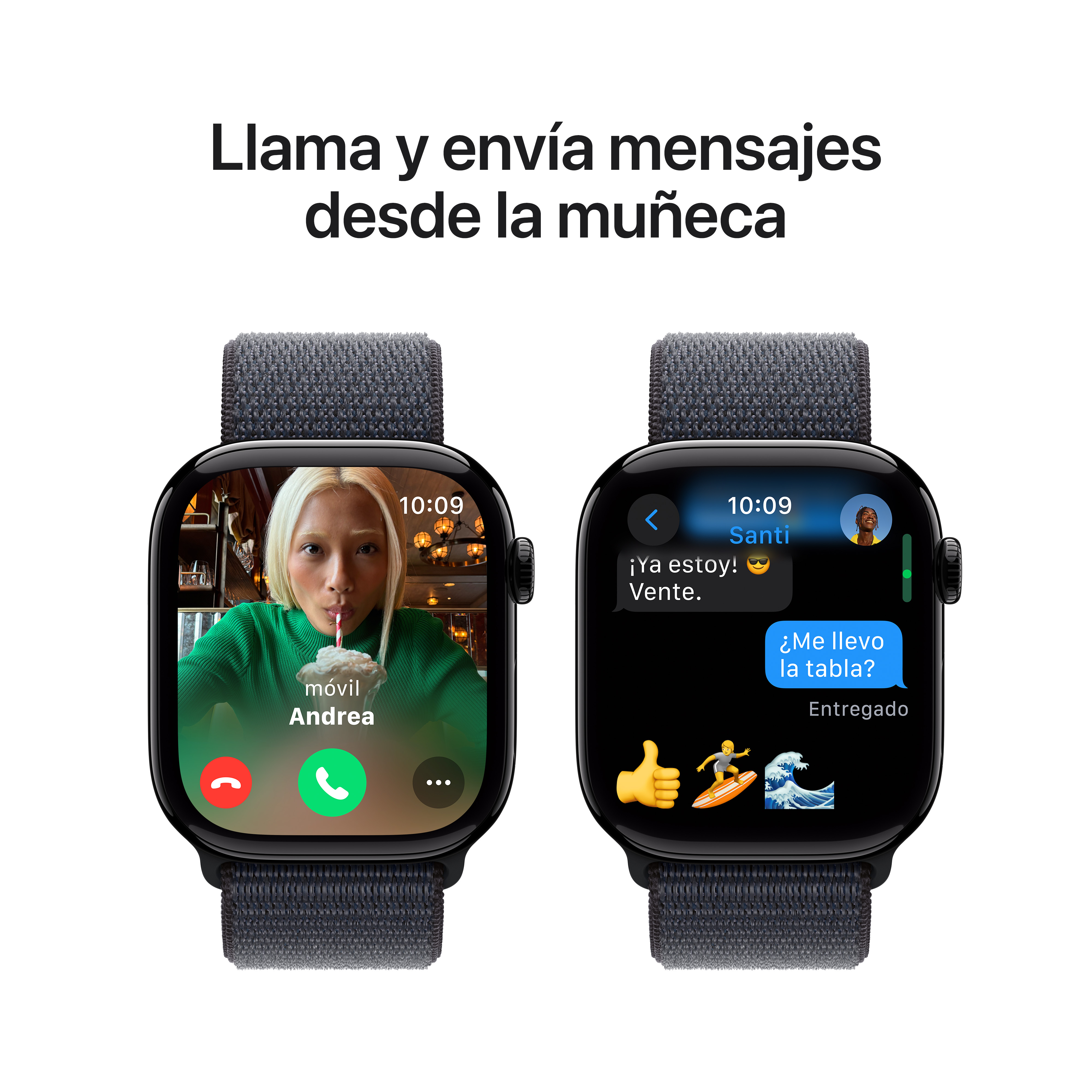 Dos Apple Watch: uno en llamada con mujer, otro mostrando mensaje de texto.
