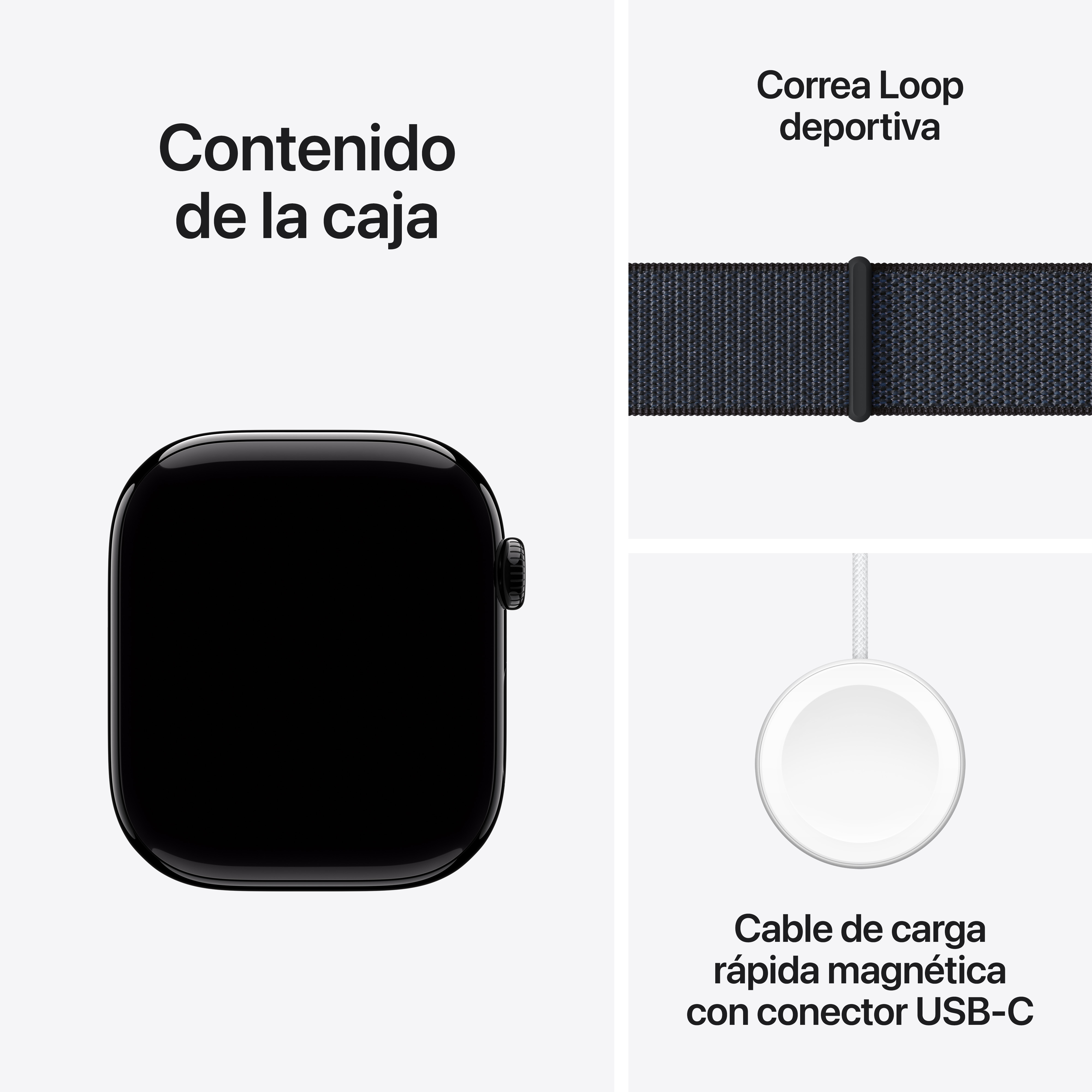Componentes del Apple Watch: reloj, correa, cargador, sobre superficie blanca.