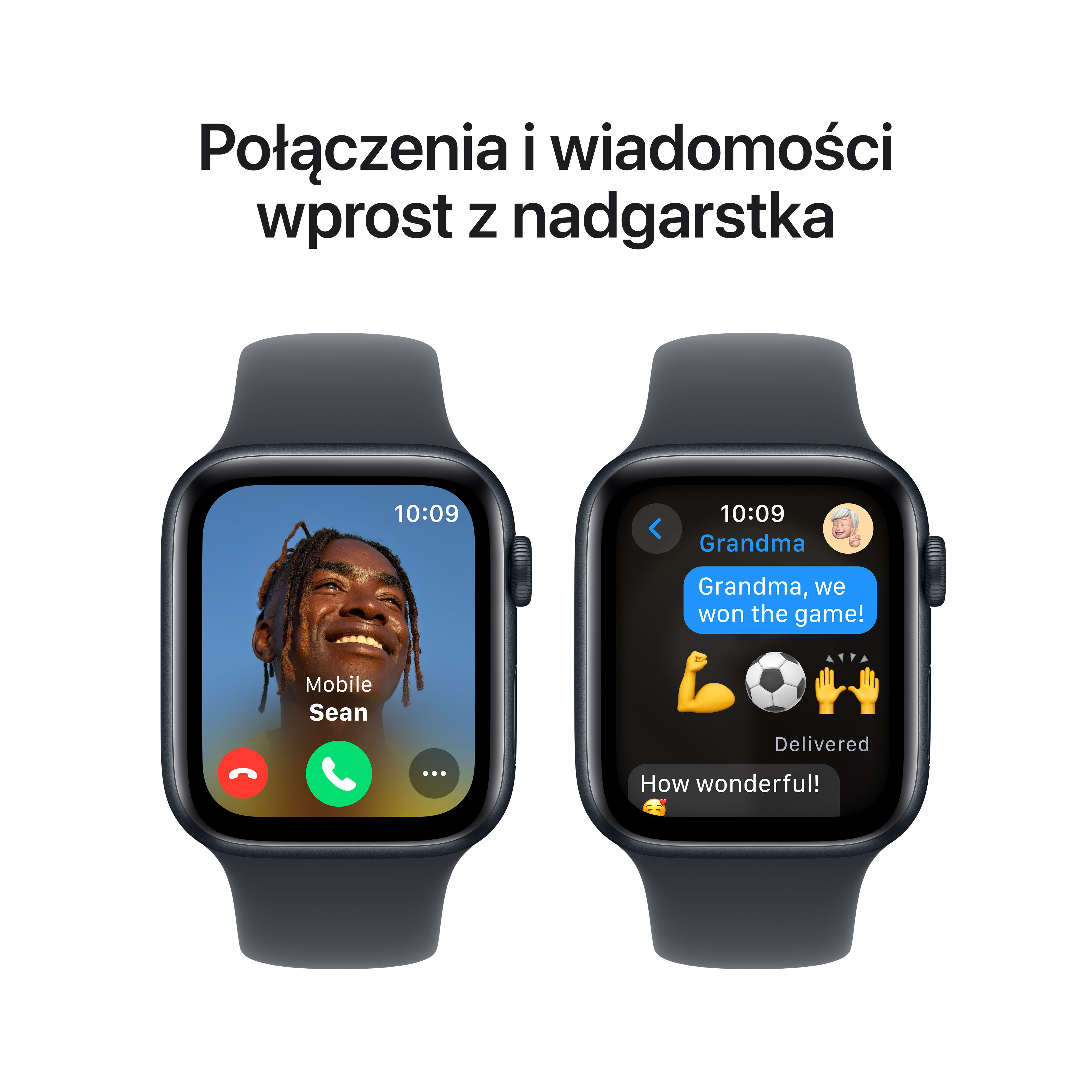 Dwa ciemne Apple Watche wyświetlające połączenie telefoniczne i wiadomość tekstową.