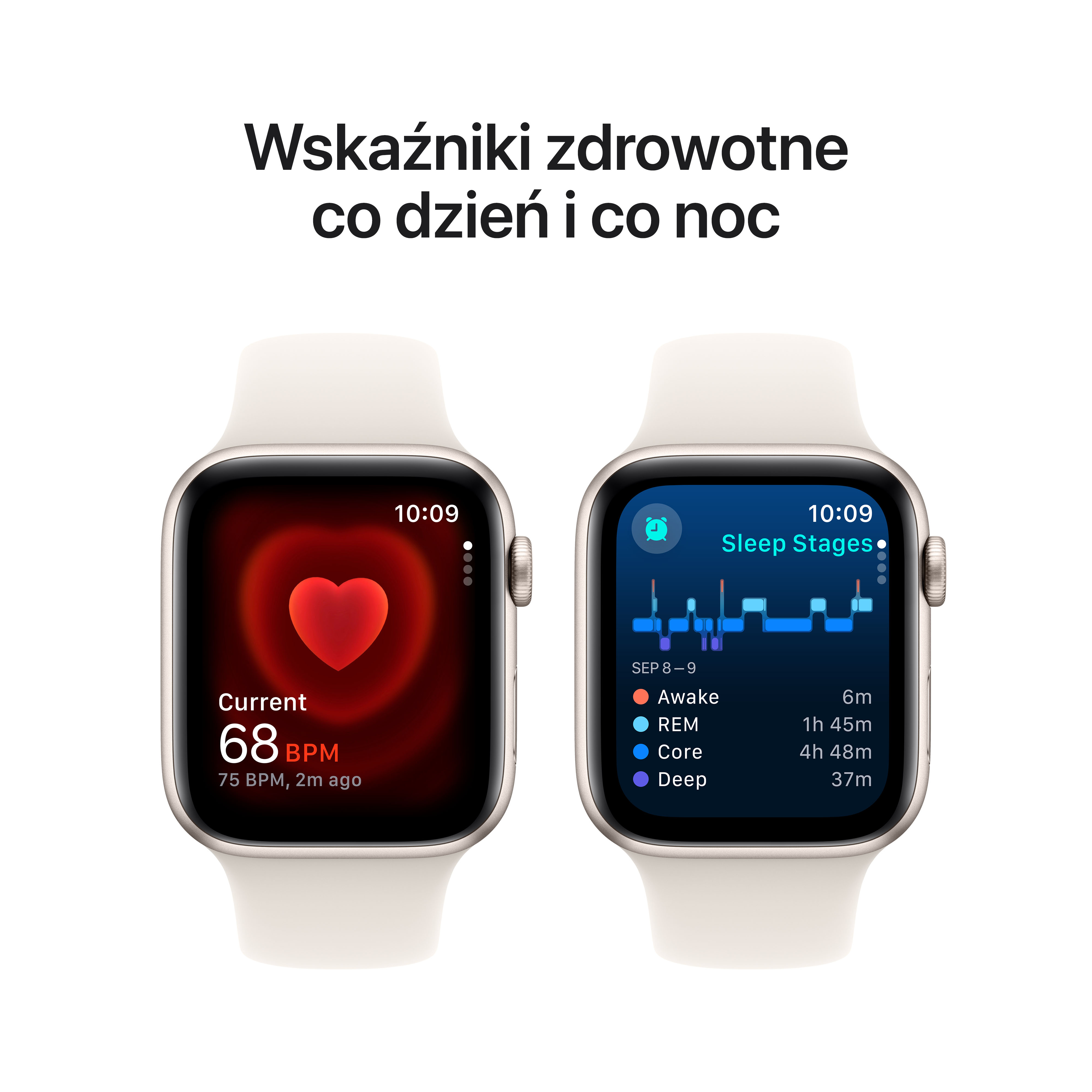 Apple Watch pokazujący tętno i analizę faz snu, wyświetlający wskaźniki zdrowia.