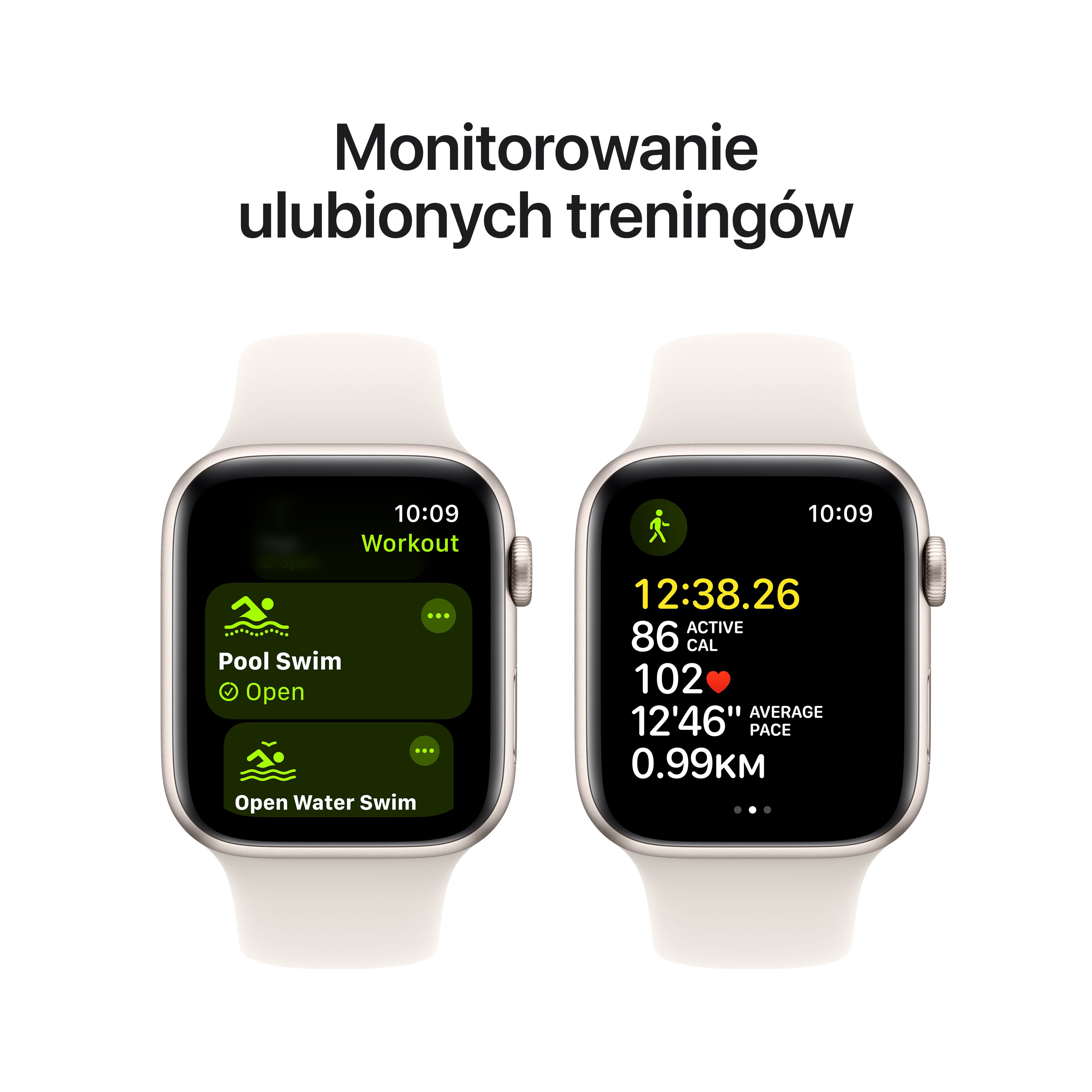 Apple Watch, wyświetlający metryki treningu. Pokazuje dane pływania i pływania na otwartym akwenie.