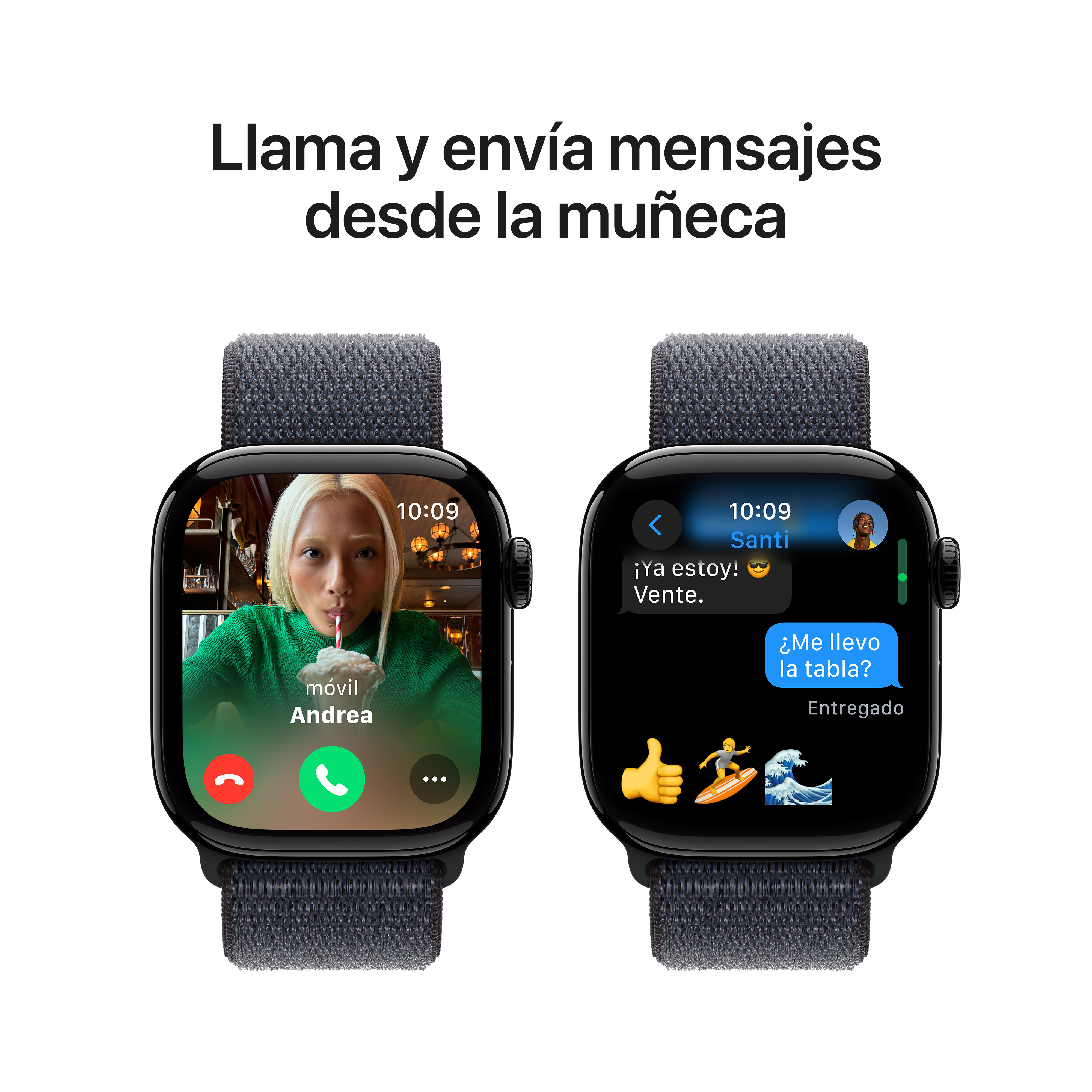 Dos smartwatches mostrando mensajes con imágenes y texto. El fondo es blanco.