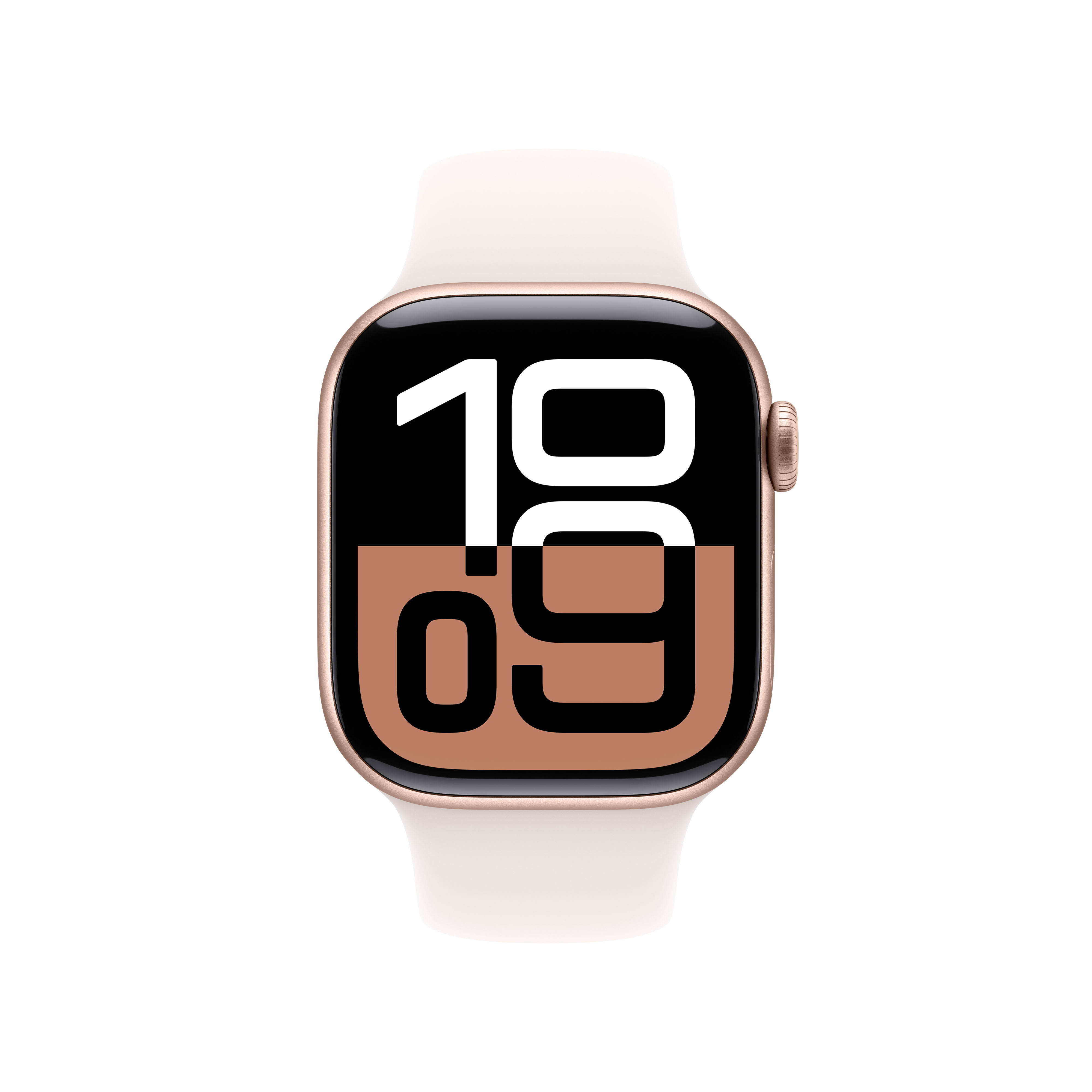 Apple Watch con caja dorada y correa blanca, mostrando la hora y la fecha en la pantalla.