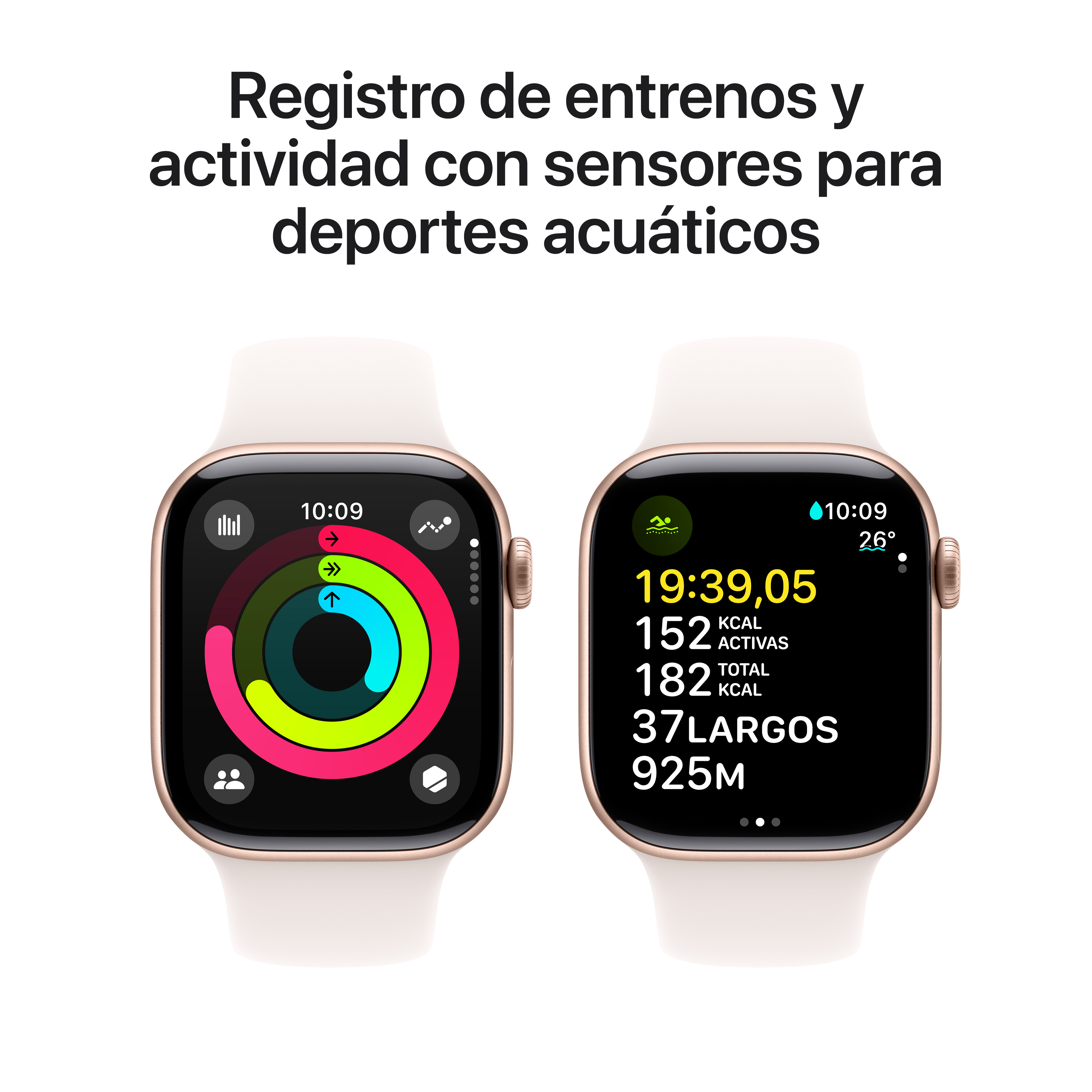 Dos smartwatches. Uno muestra datos de entrenamiento, el otro métricas de ejercicio, como calorías y distancias.