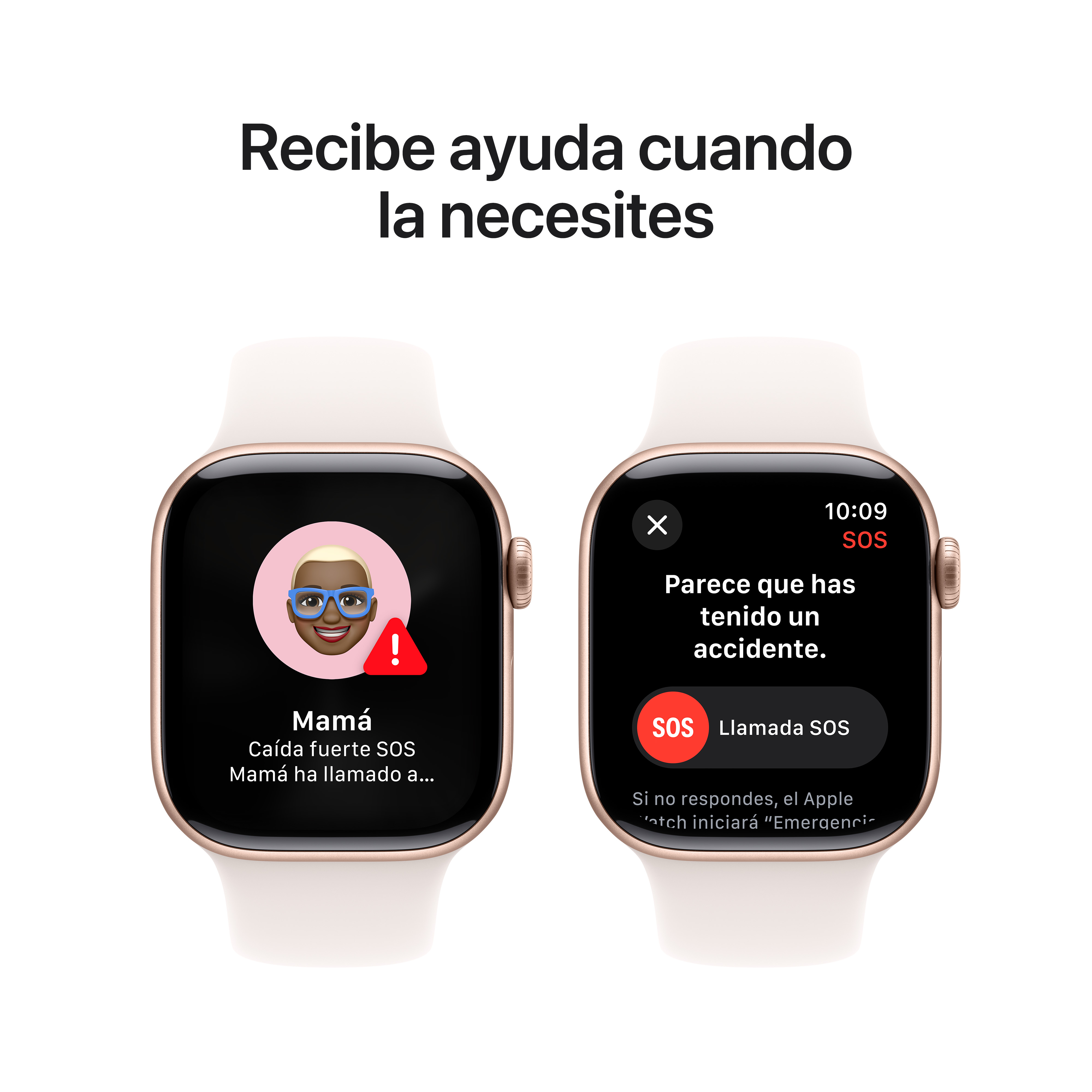 Dos smartwatches mostrando funciones SOS. Correa blanca, uno con cara de mujer, otro con mensaje SOS. Fondo blanco.