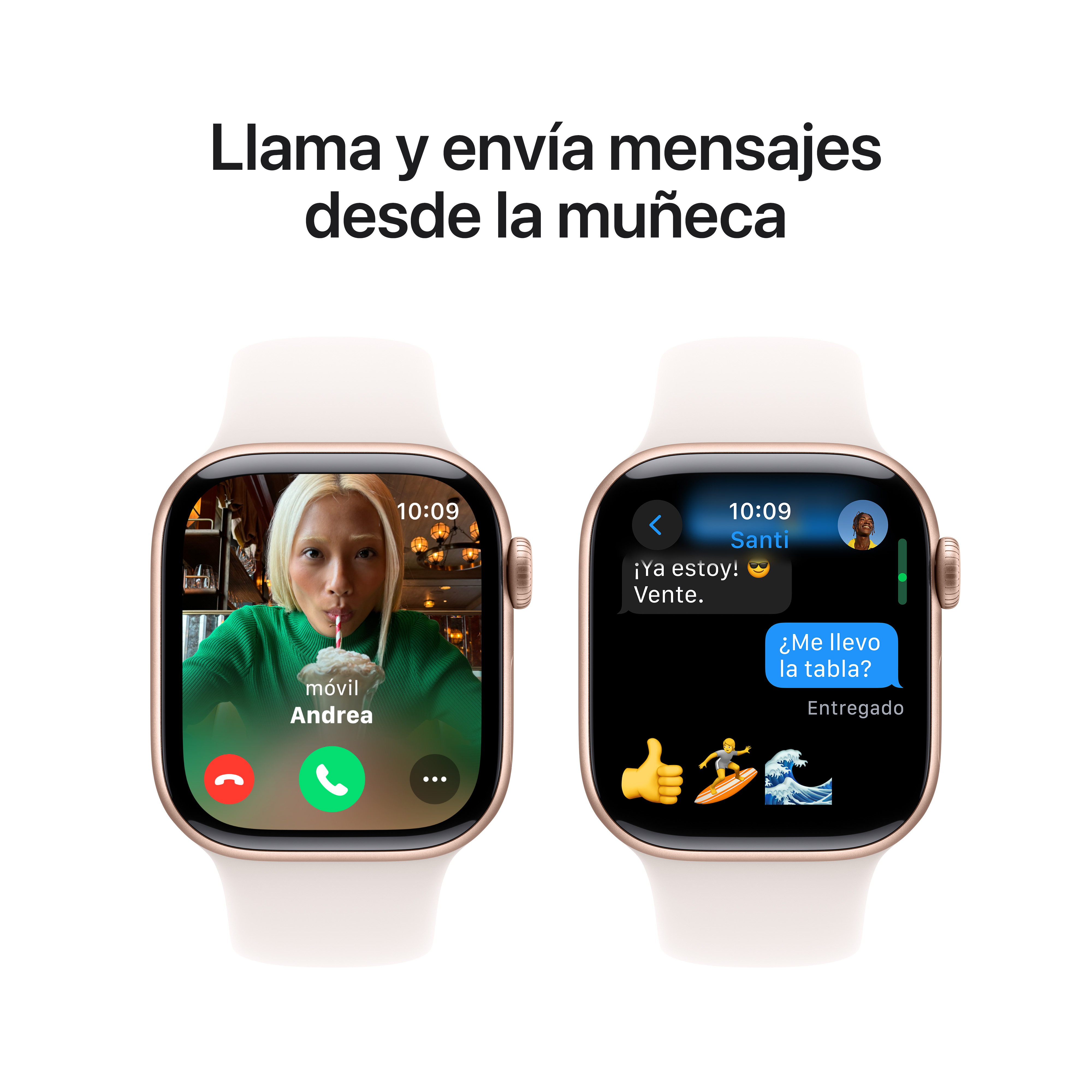 Smartwatches con pantalla de videollamada e intercambio de mensajes de texto, con emojis, en una correa blanca.