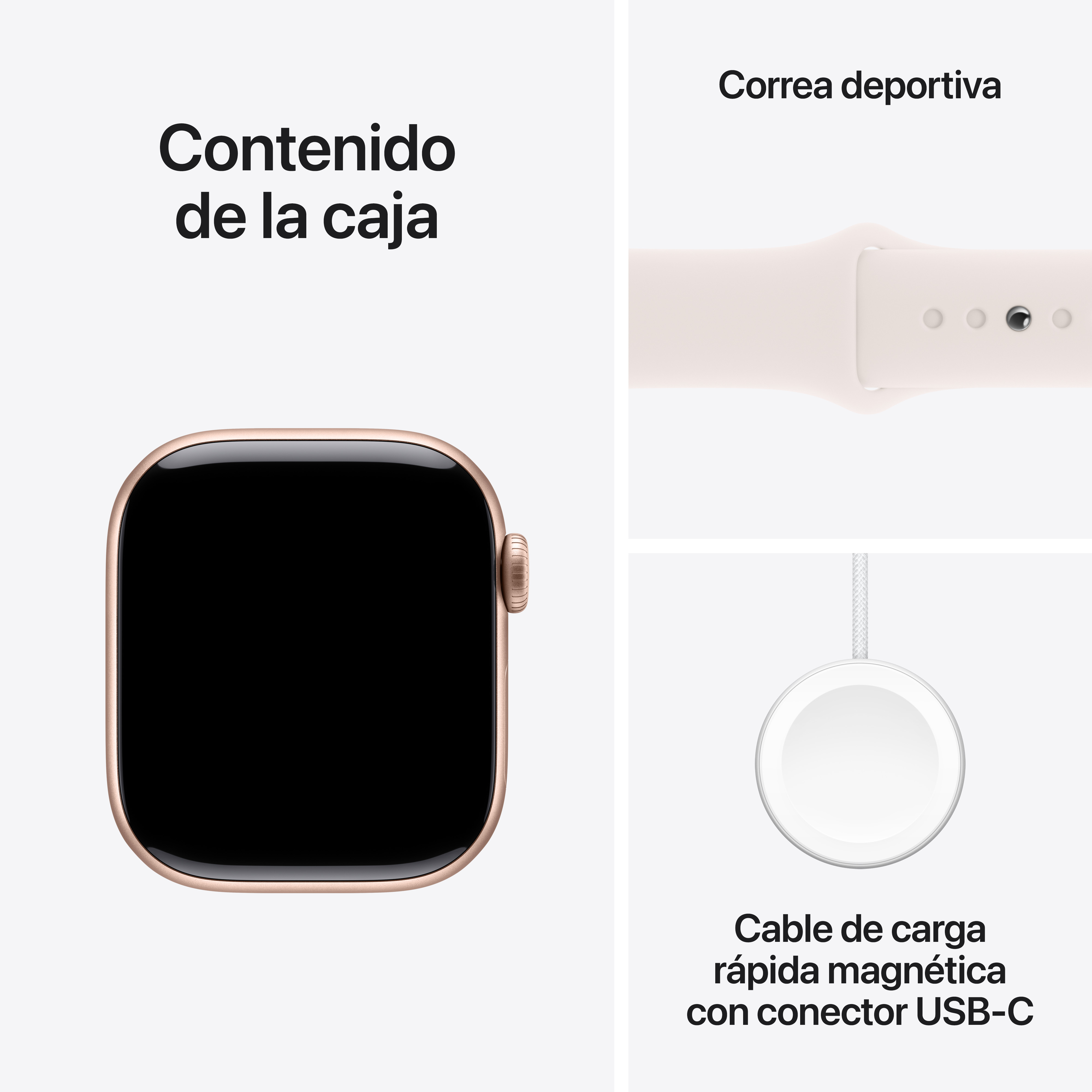 Componentes del Apple Watch: reloj, correa deportiva y cable de carga. El reloj es dorado con pantalla negra.