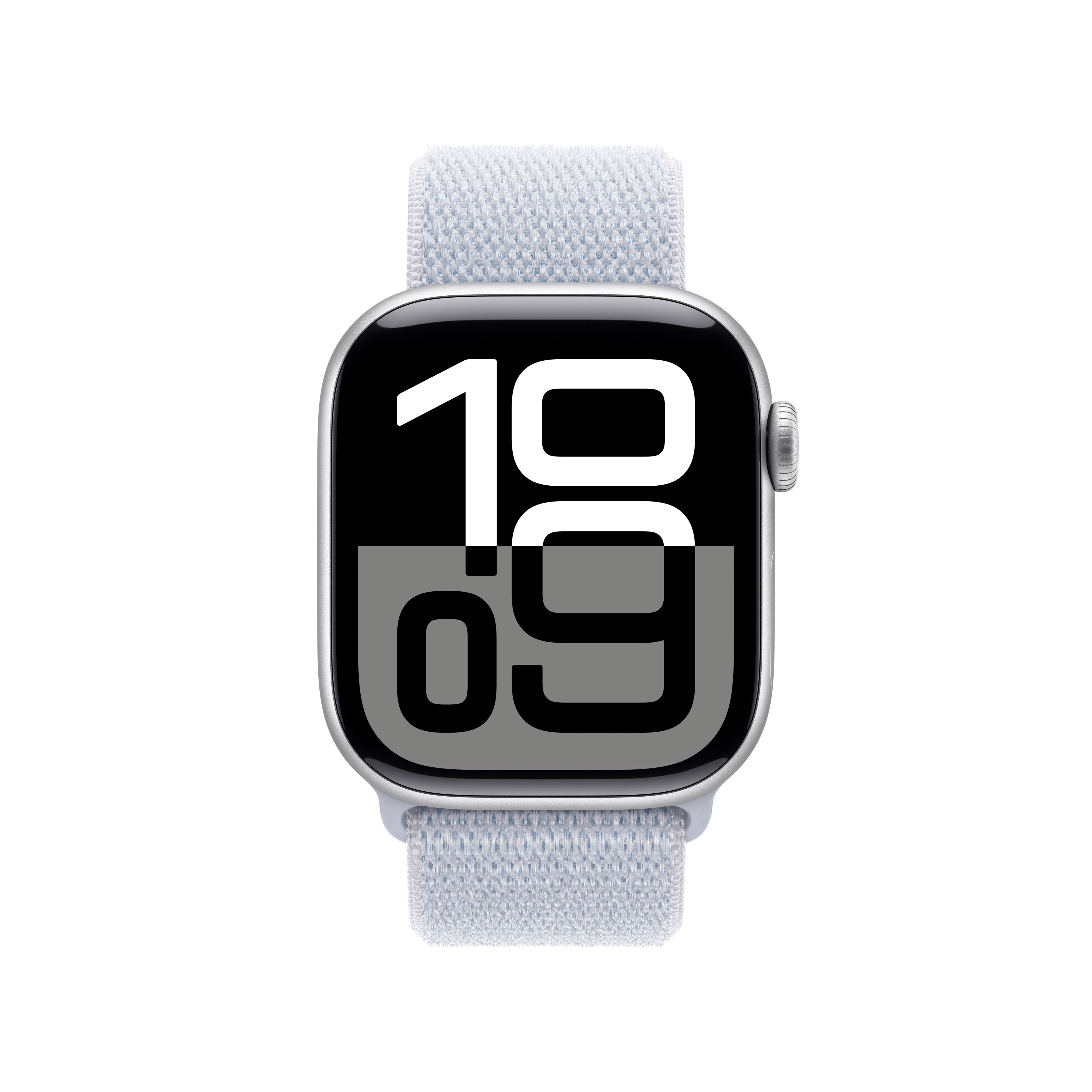 Reloj plateado con correa deportiva azul claro. Muestra la hora 19:09. Fondo blanco.