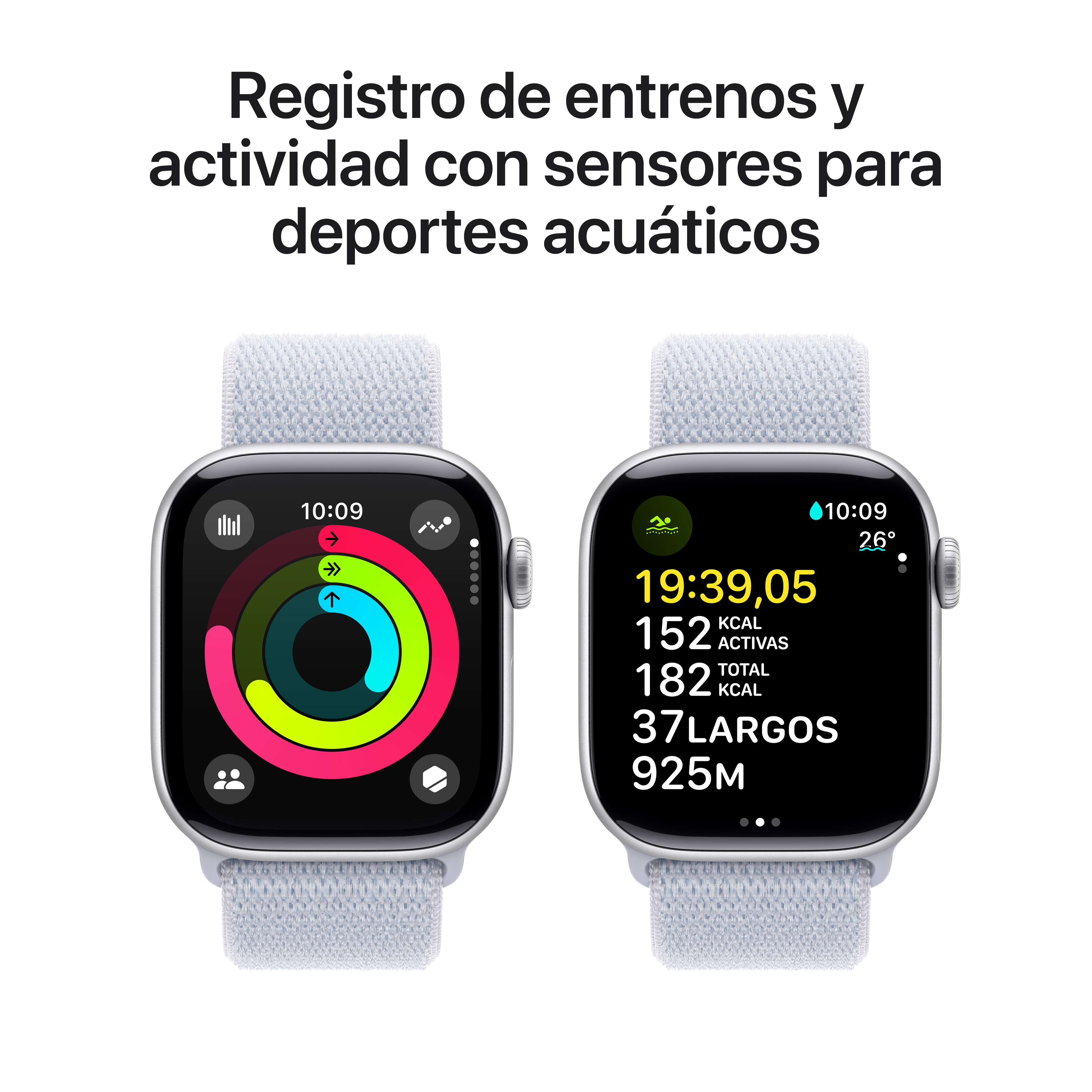 Dos Apple Watches muestran datos de actividad, uno con un anillo colorido y otro con estadísticas de entrenamiento.